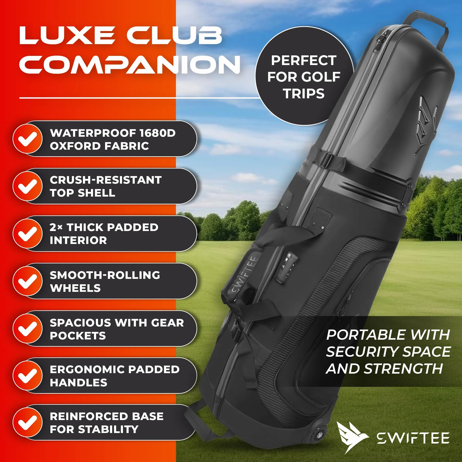 SWIFTEE Borsa da golf da viaggio di alta qualità con custodia rigida Swiftee Top & TSA Lock - Tessuto Oxford 1680D, ruote oversize, trasportino aereo leggero per la massima protezione del club