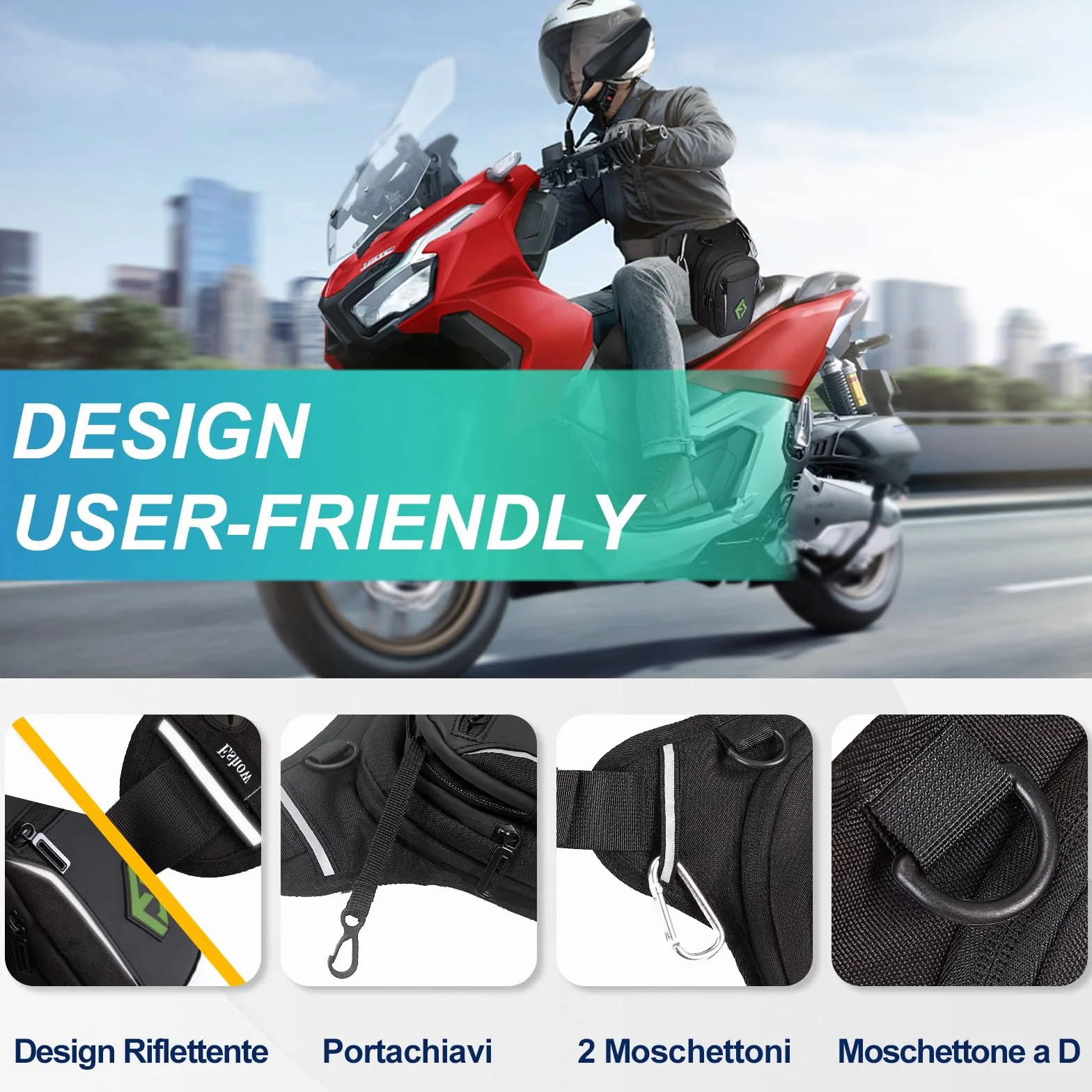 Eshow Marsupio da Gamba Moto, Borsa Cosciale Espandibile con Striscia Riflettente e Cintura Regolabile per Uomo Donna, Borsello Sportivo Nero