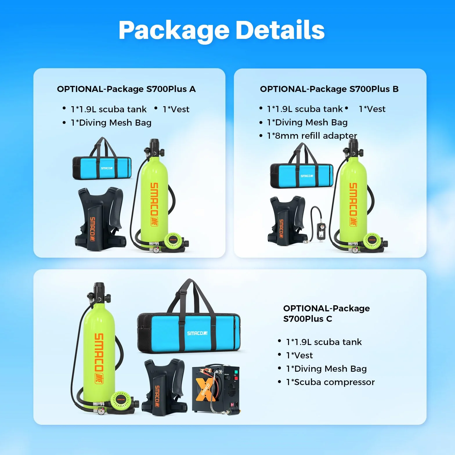 SMACO S700 Plus Mini Bombola Subacquea 2L Scuba Tank Portatile Emergenza