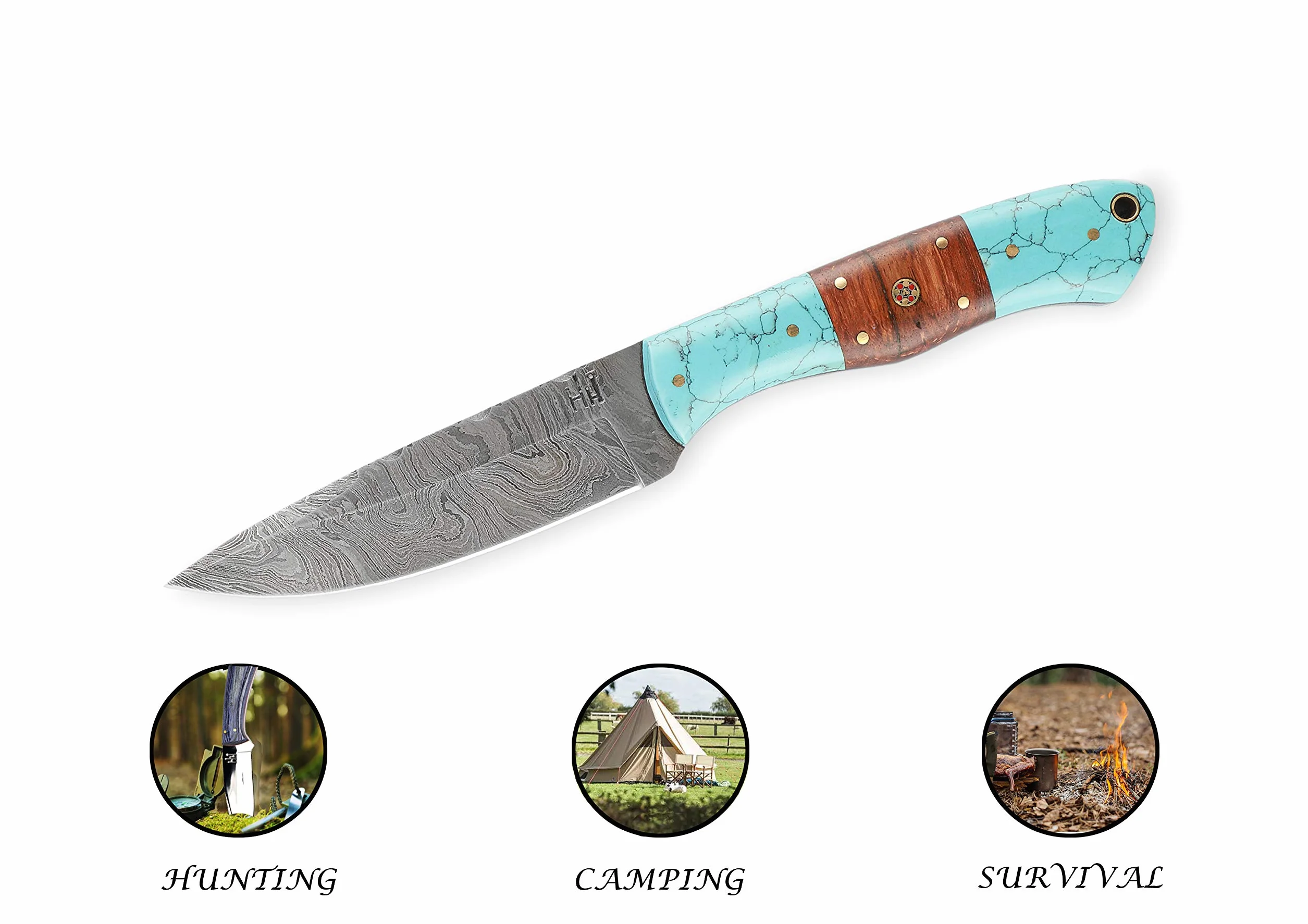 Hobby Hut HH-409, 24,13 cm, coltello damasco in acciaio fatto a mano, coltello da caccia con fodero in pelle, manico in legno e turchese, coltello damascato, coltello da caccia completo, lama fissa
