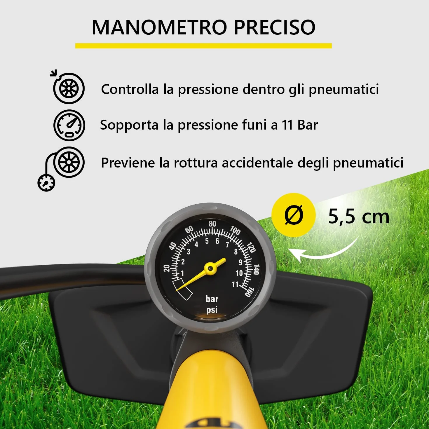 Pompa Bicicletta da Pavimento 11 Bar/160 PSI con Manometro per Valvole Presta e Schrader per Bici da Corsa, MTB, E-Bike