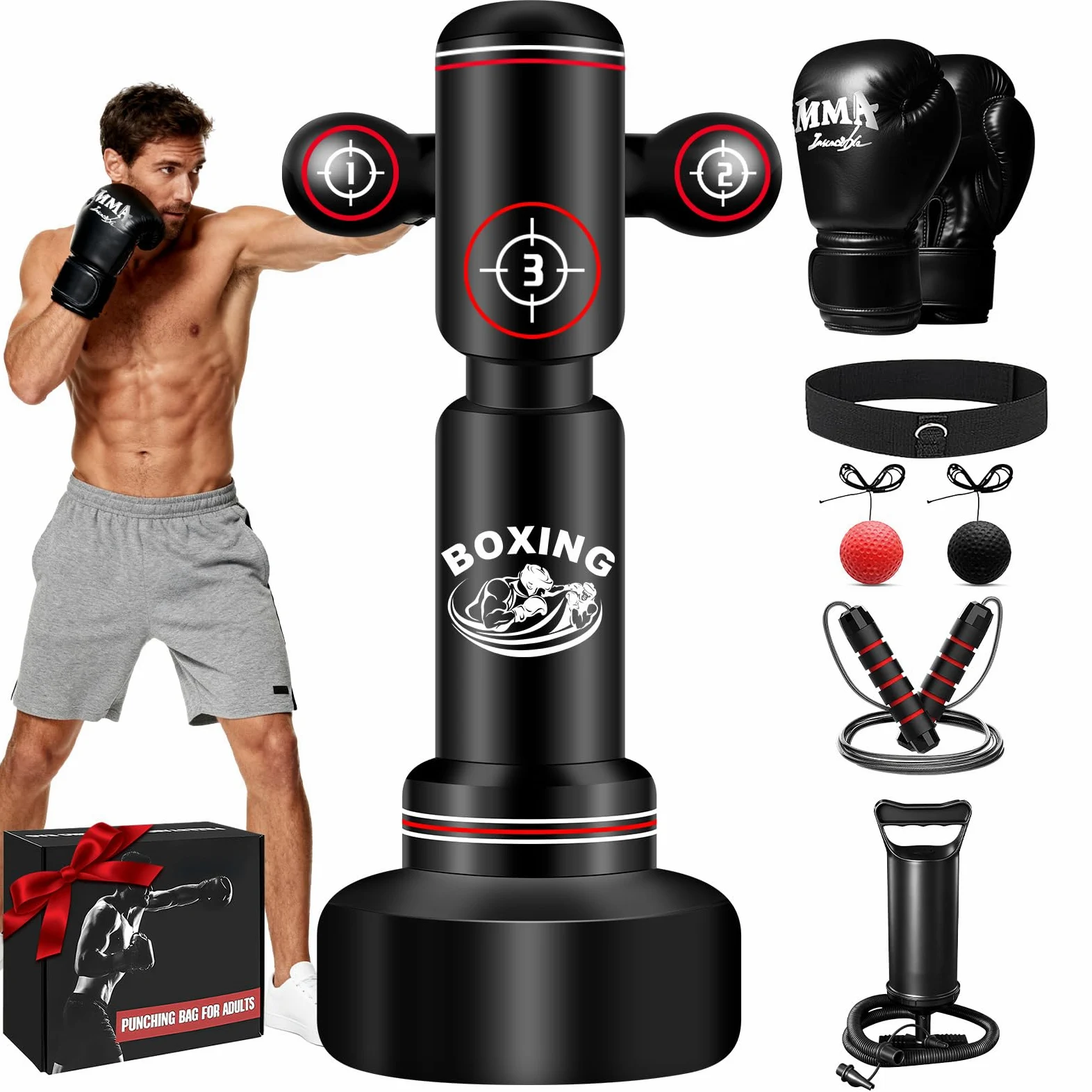 NZQXJXZ Sacco da Boxe da Terra per Adulti, 180cm Sacco da Boxe Autoportante con Guantoni da Boxe, Pompa, Corda per Saltare e Palla per Riflessi, Sacco da Box Gonfiabile per Pratica di Muay Thai MMA