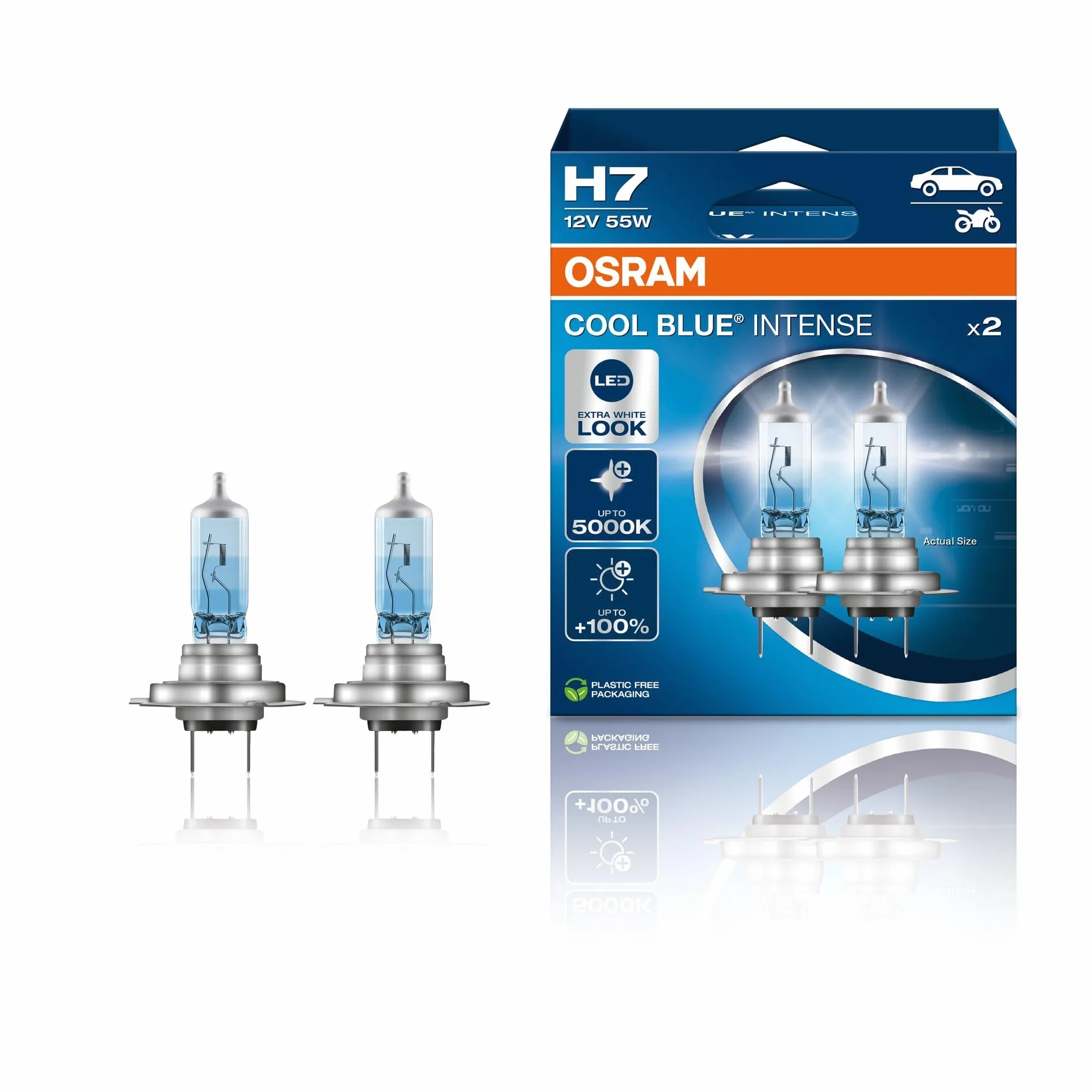 OSRAM COOL BLUE INTENSE H7, 100% luminosa, fino a 5000K, lampada alogena, look LED, duo box (2 lampade)