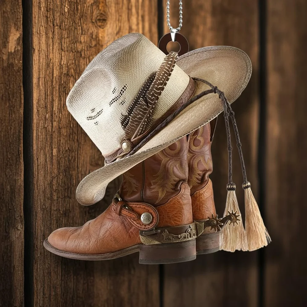 Ciondolo a forma di stivali da cowboy e cappelli da cowboy, colore marrone, in acrilico, ornamento da appendere per specchio/portachiavi