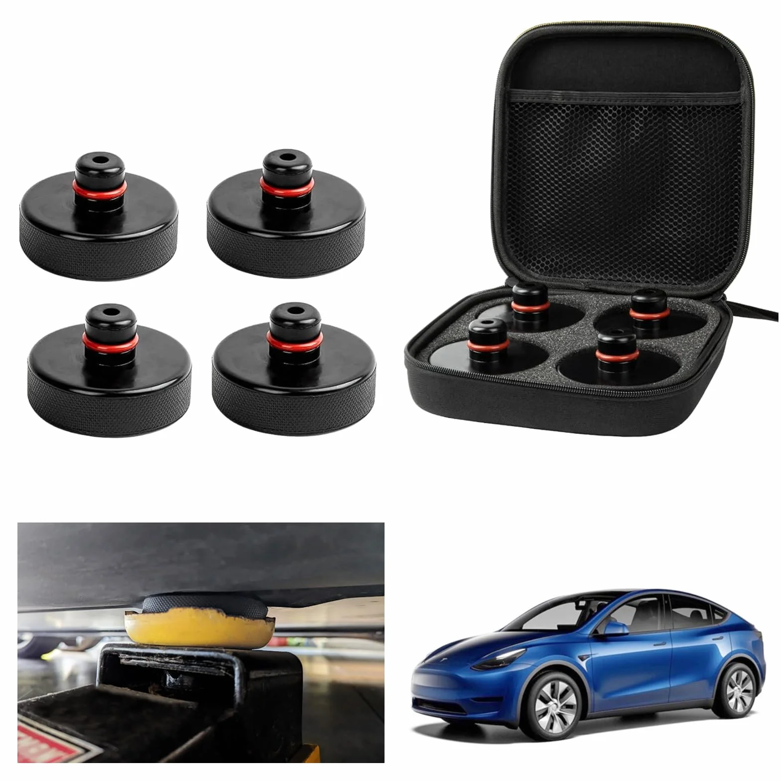 [4 Pezzi] GAFAT Cric Gomma per Tesla Model Y Juniper Standard Model 3 Highland S X 2016-2026, Jack da Pavimento Pad, Cric Martinetti Accessori, Adattatore Stabilizzatore, con Vano Portaoggetti (Rosso)