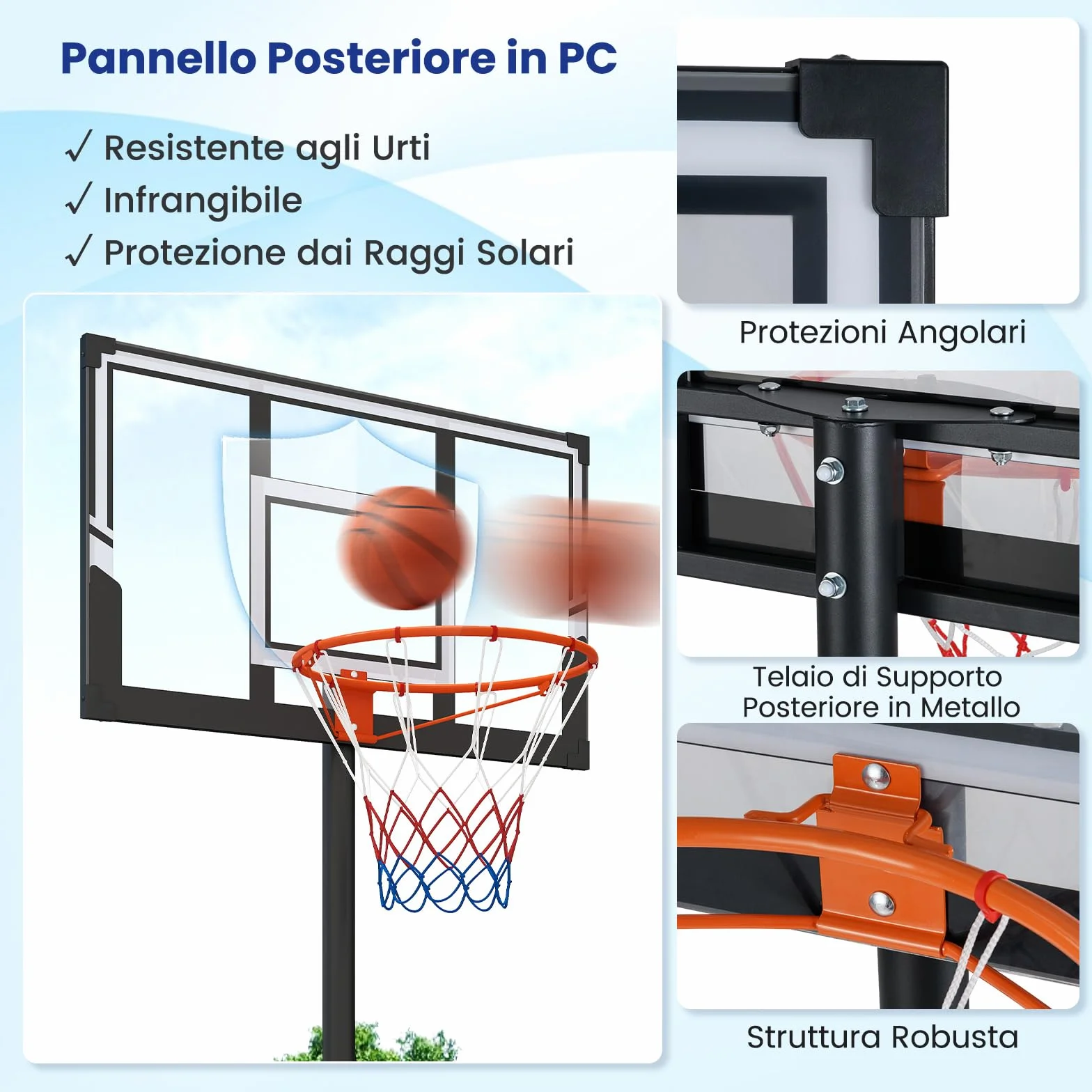 COSTWAY Canestro da Basket da Esterno Portatile Regolabile 1-3M Tabellone Antiurto con Ruote