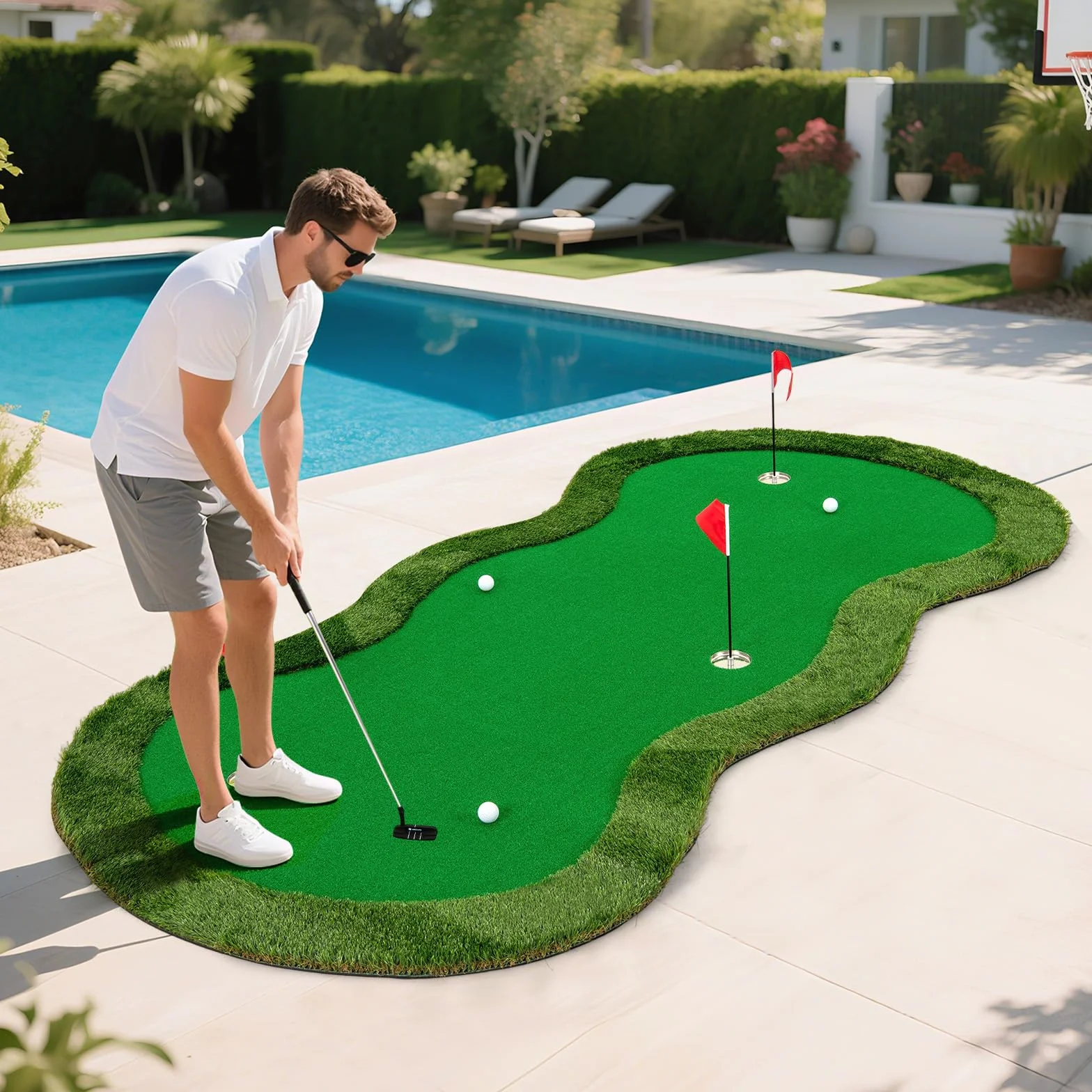COSTWAY Putting Green Tappetino da Golf 300x150 cm 3 Buchi con Palline