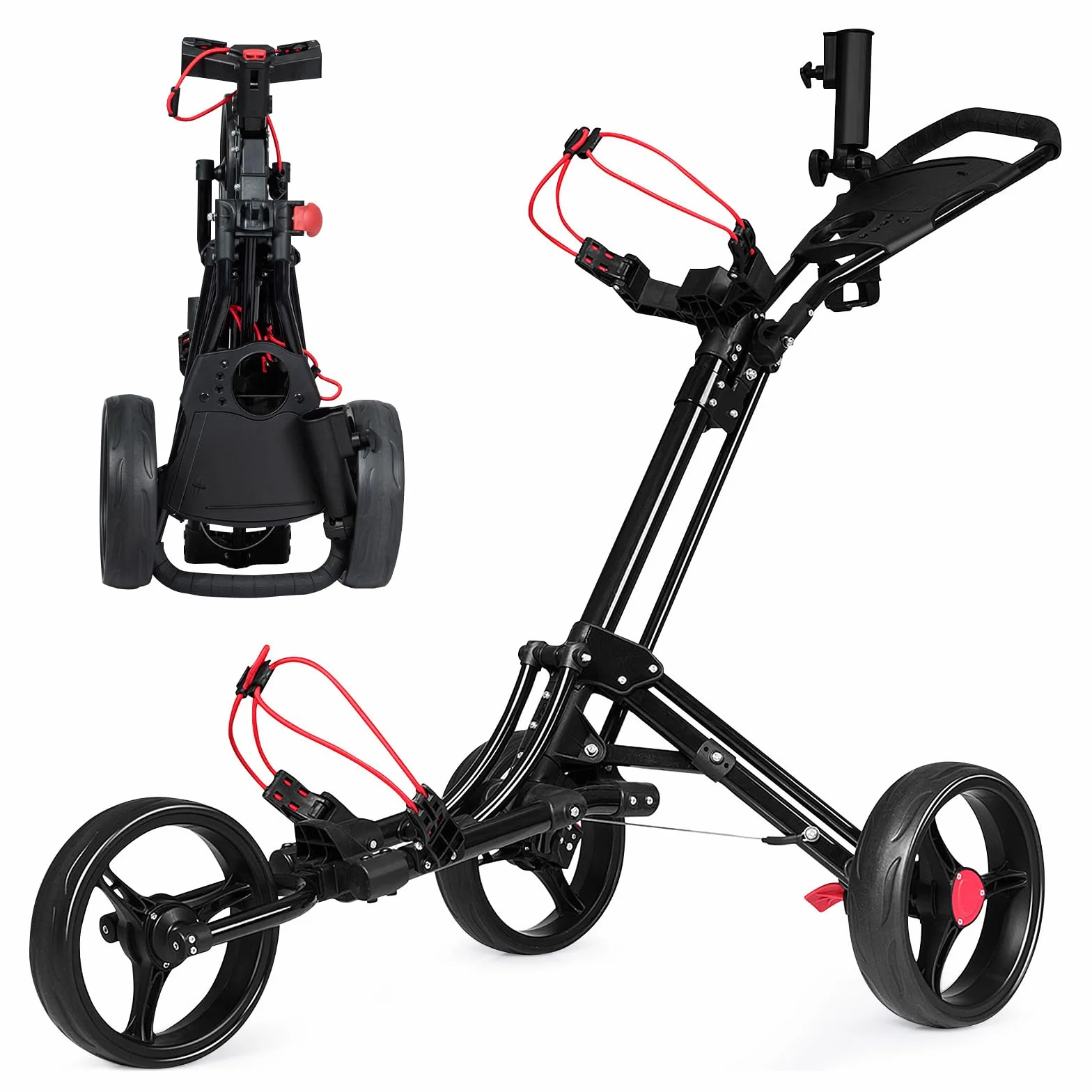 COSTWAY Carrello da Golf Pieghevole 3 Ruote Trolley Portaombrelli Porta Bicchiere Nero