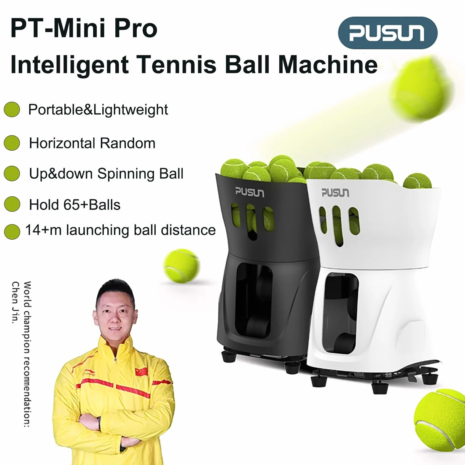 PUSUN PT-Mini Pro Macchina portatile per palline da tennis, 65 palline, supporta app e telecomando