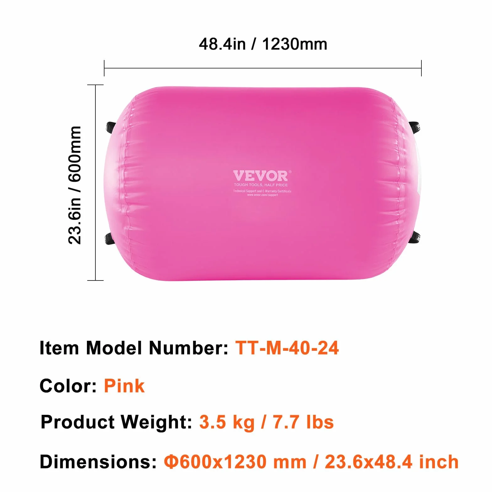 VEVOR Tappetino ad Aria Rullo ad Aria Gonfiabile Rotondo, Attrezzatura da Ginnastica con Canna d'Aria con Pompa Elettrica, Uso Domestico/Palestra/Yoga/Cheerleader/Spiaggia/Parco/Acqua, Rosa