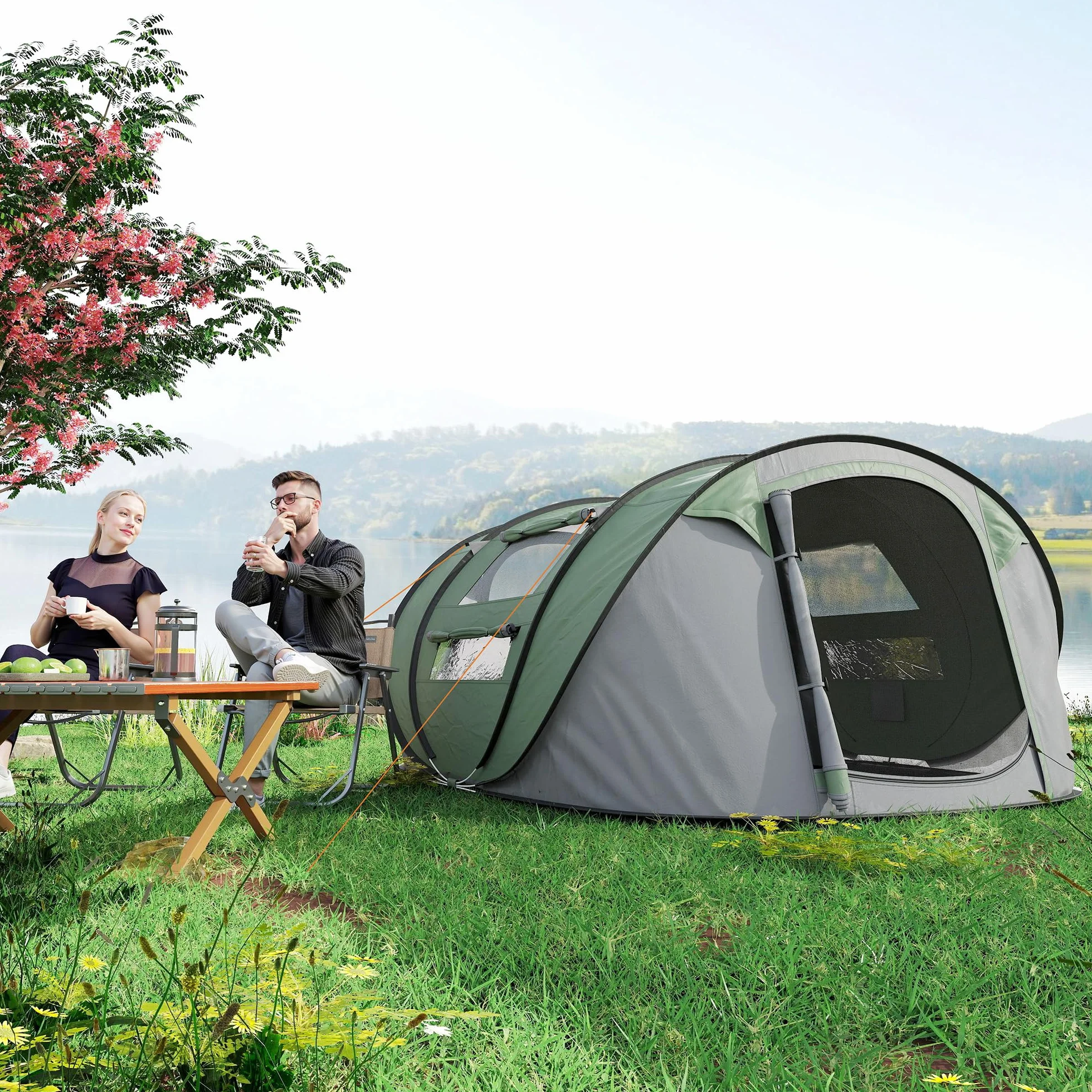 Outsunny Tenda da Campeggio Pop Up 2 Posti Impermeabile 263.5x220x123 cm Verde Scuro