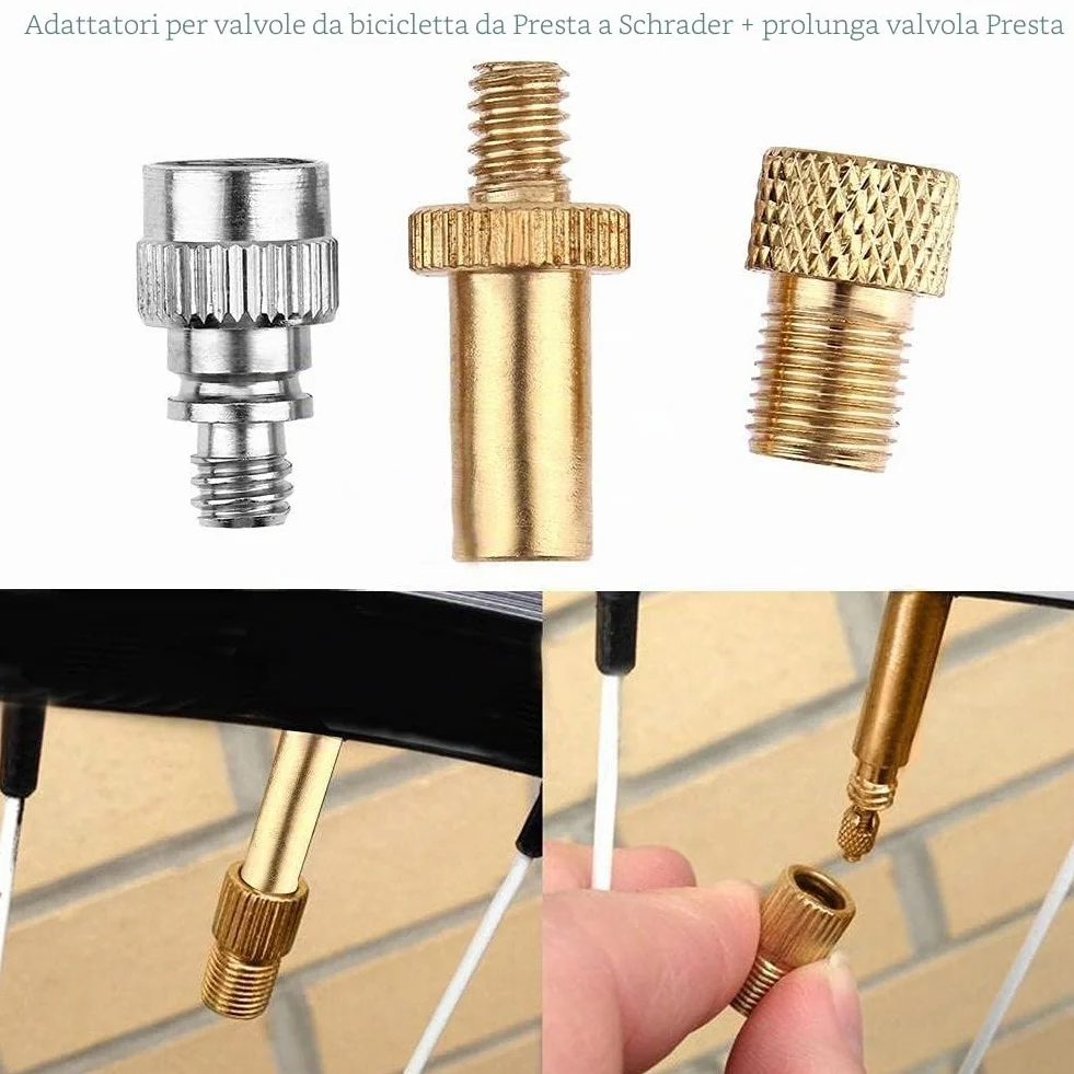 Adattatori per valvole da Presta a Schrader per bicicletta + prolunga valvola Presta, strumenti per pompa bici strada e montagna