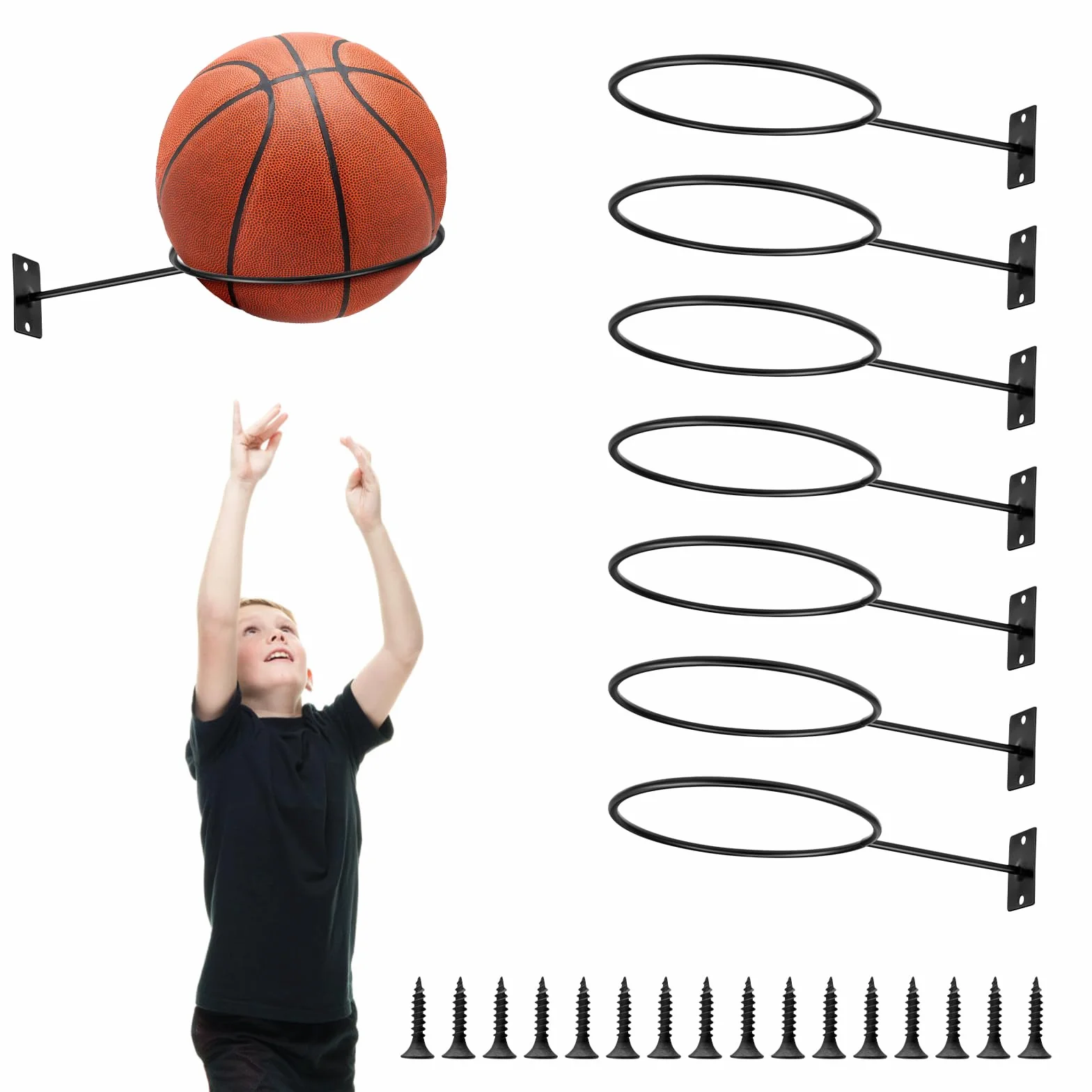 Supporto Per Pallone Da Parete Nero 8 Pezzi Espositore Pallacanestro Calcio Pallavolo Rugby