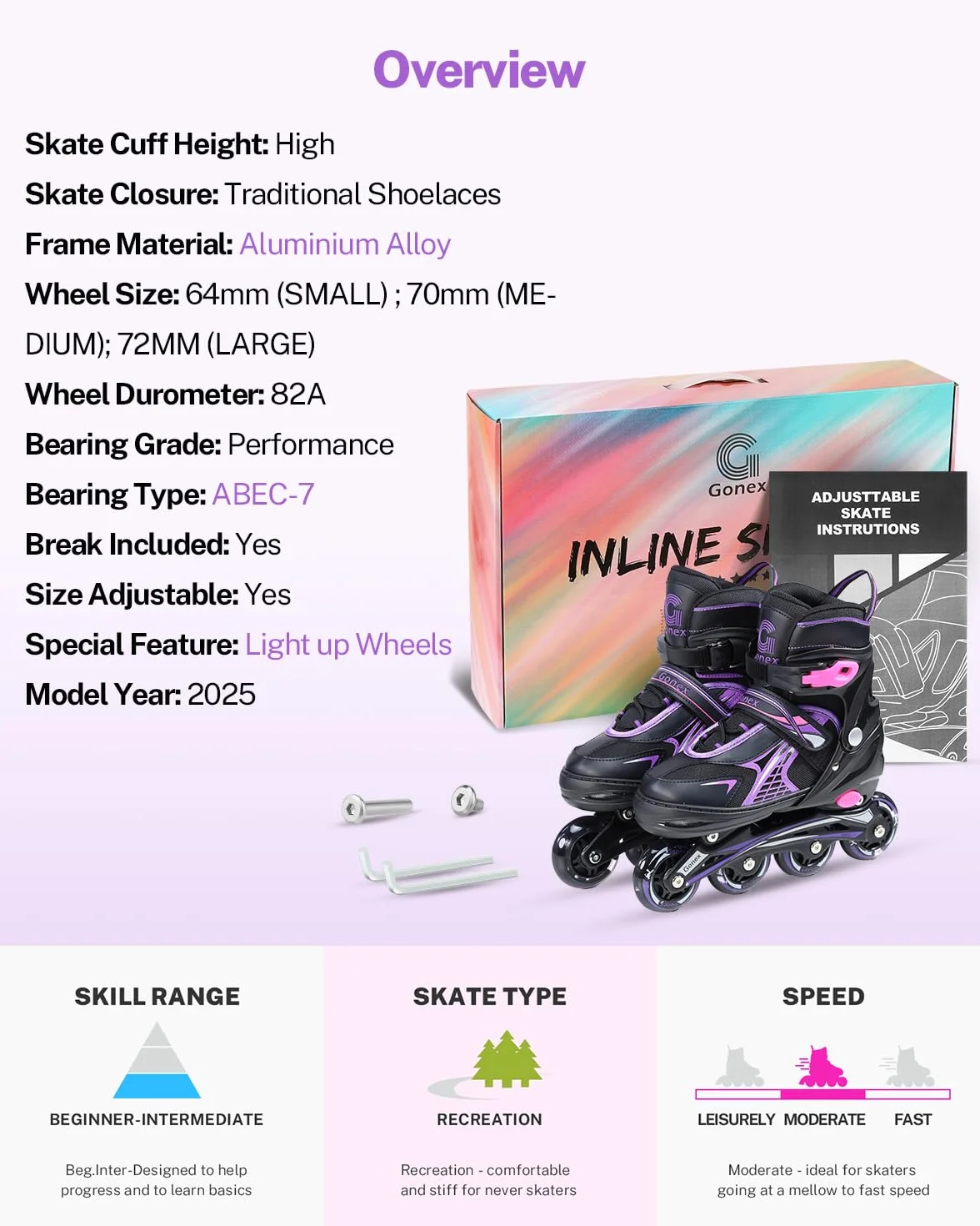 Gonex Pattini in Linea Regolabili con Ruote Luminosa, Inline Skates Bambina Ragazzo Adulti Donna (EU 31-42), Rosa/Verde