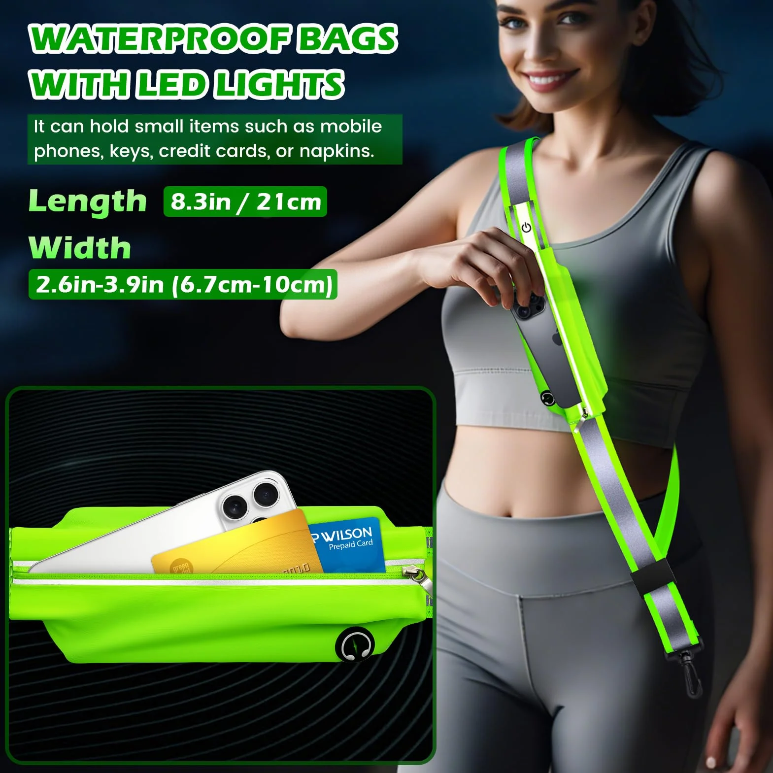 Cintura Riflettente a LED Ricaricabile Impermeabile con Tasca per Cellulare per Running