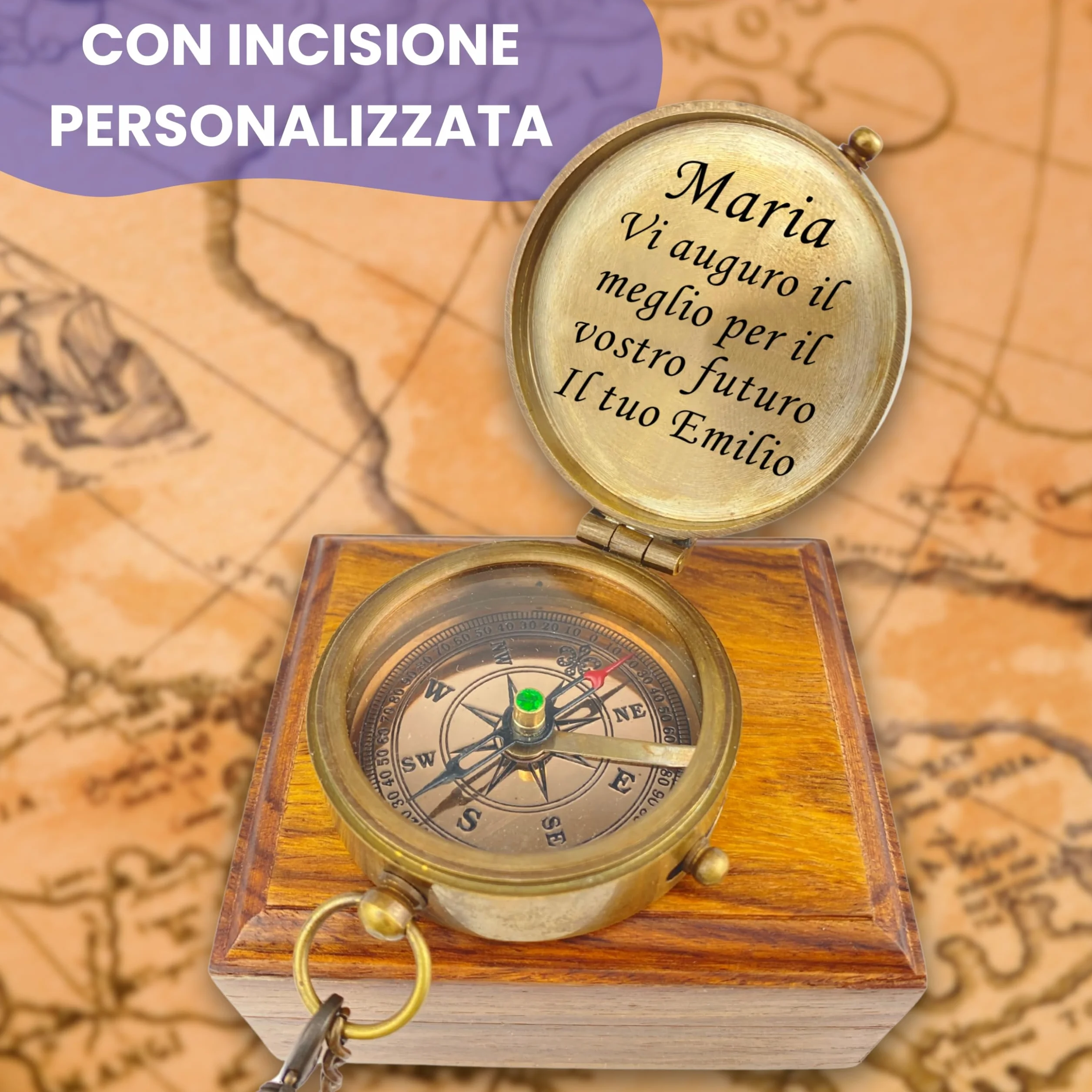 Personalizzata Bussola in Ottone con Incisione, Regalo