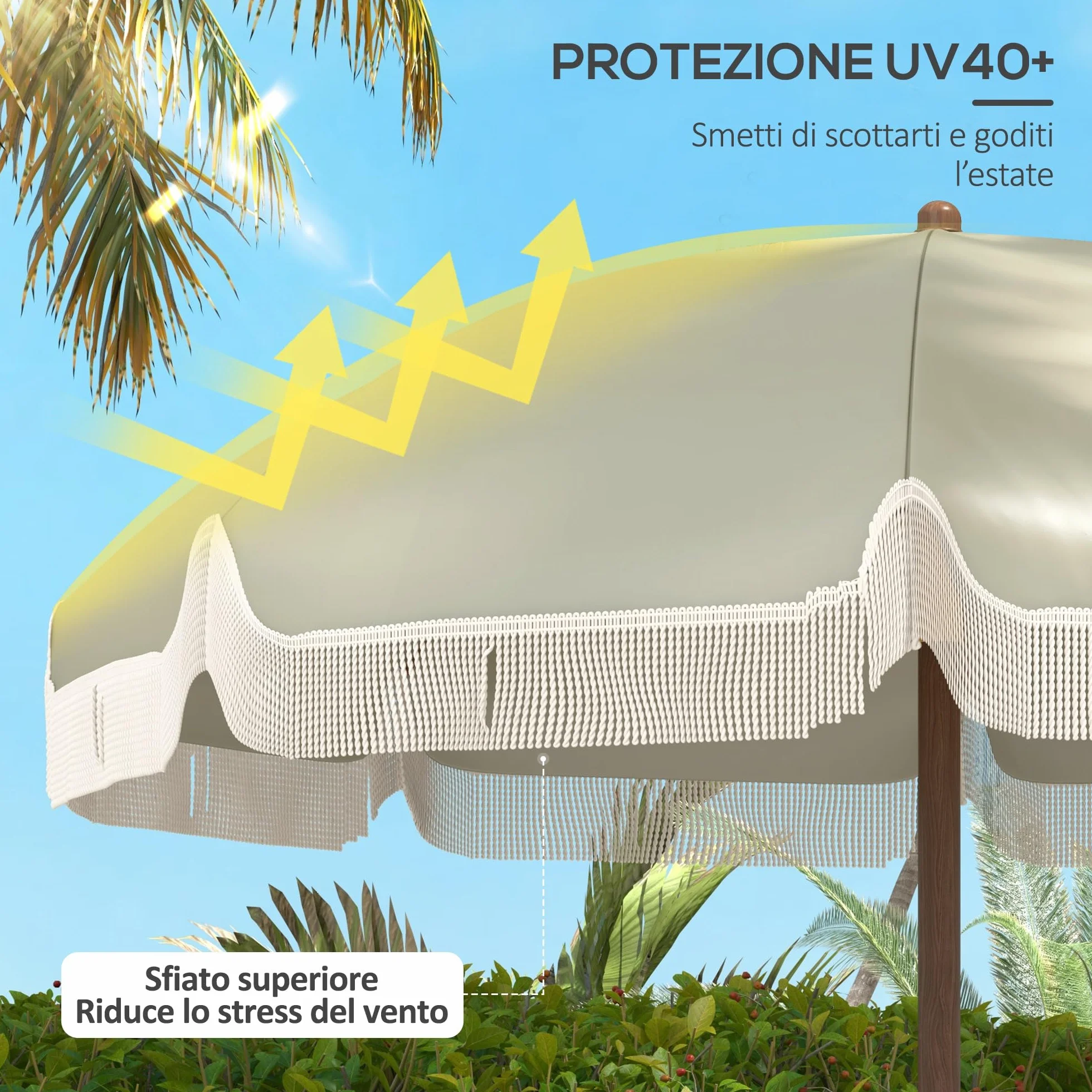 Outsunny Ombrellone da Spiaggia Ø1.9x2.1 m con Borsa di Trasporto, Ombrellone da Mare con 8 Stecche in Metallo e Poliestere 120g/㎡, Protezione UV40+