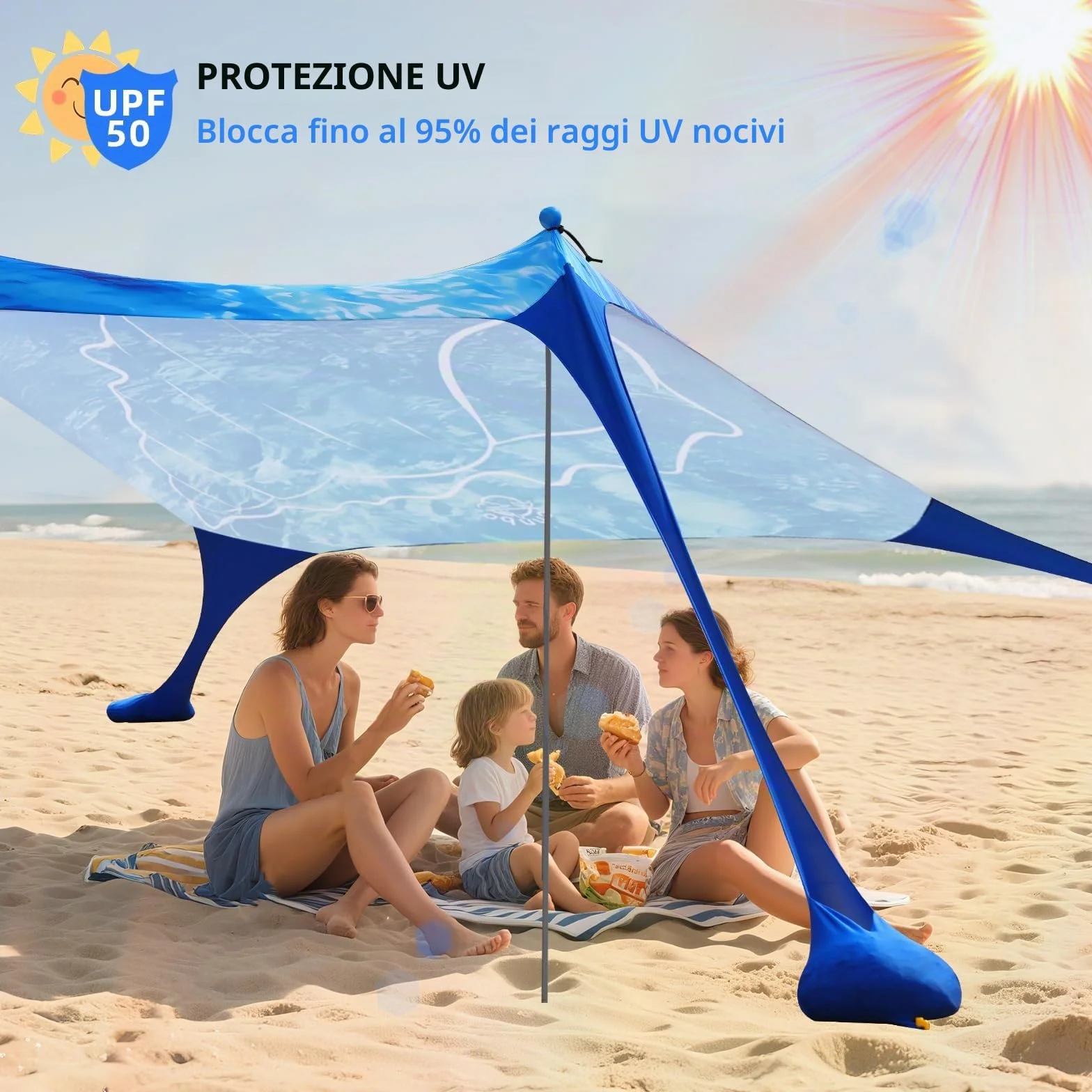 Tenda da spiaggia Pop Up 160 x 200 cm stampa 3D piccola protezione solare UPF50, per esterni, cortile, spiaggia, campeggio, con aste di stabilitàConchiglia blu