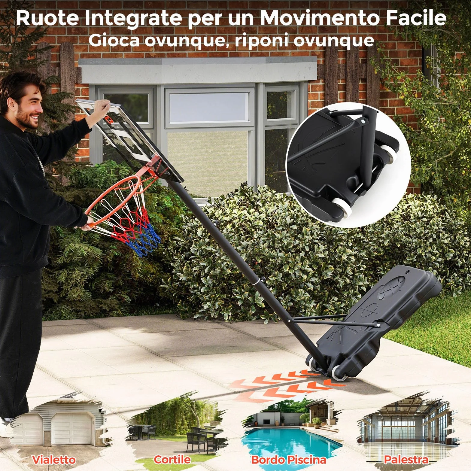COSTWAY Canestro da Basket Regolabile 100-212 cm, Portatile con Tabellone in PC, Base Riempibile e Ruote