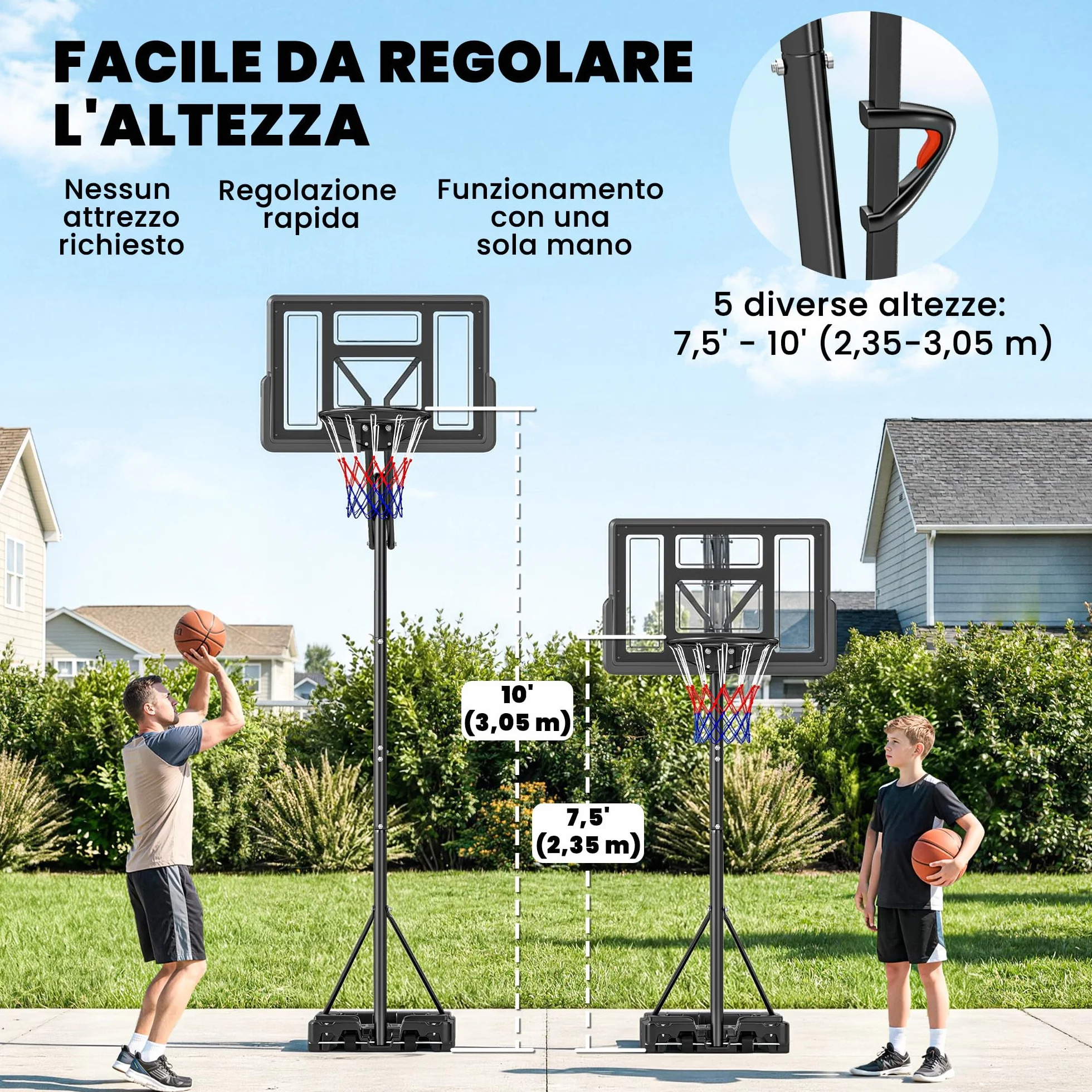 SPORTNOW Canestro Basket Regolabile 235-305 cm, Tabellone Infrangibile, Portatile, Nero