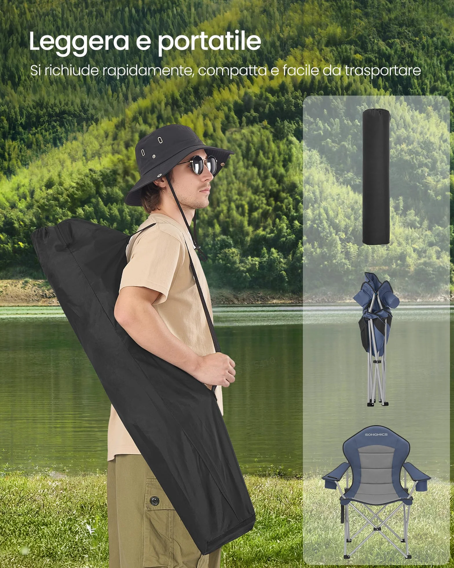 SONGMICS Sedia da Campeggio Pieghevole Portatile Seduta Ampia Schienale Alto Blu Grigio GCB005QE01