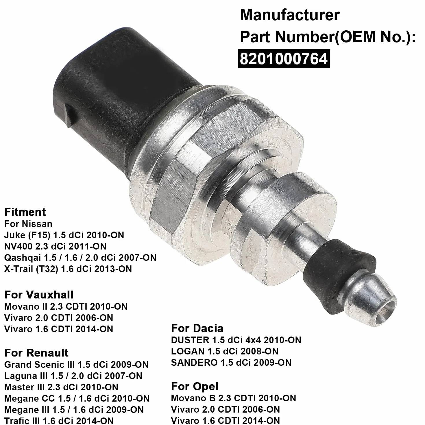 YAOPEI Sensore di pressione dell'aria di scarico Turbo per Ni-ssan Qashqai V-auxhall R-enault Vivaro 8201000764