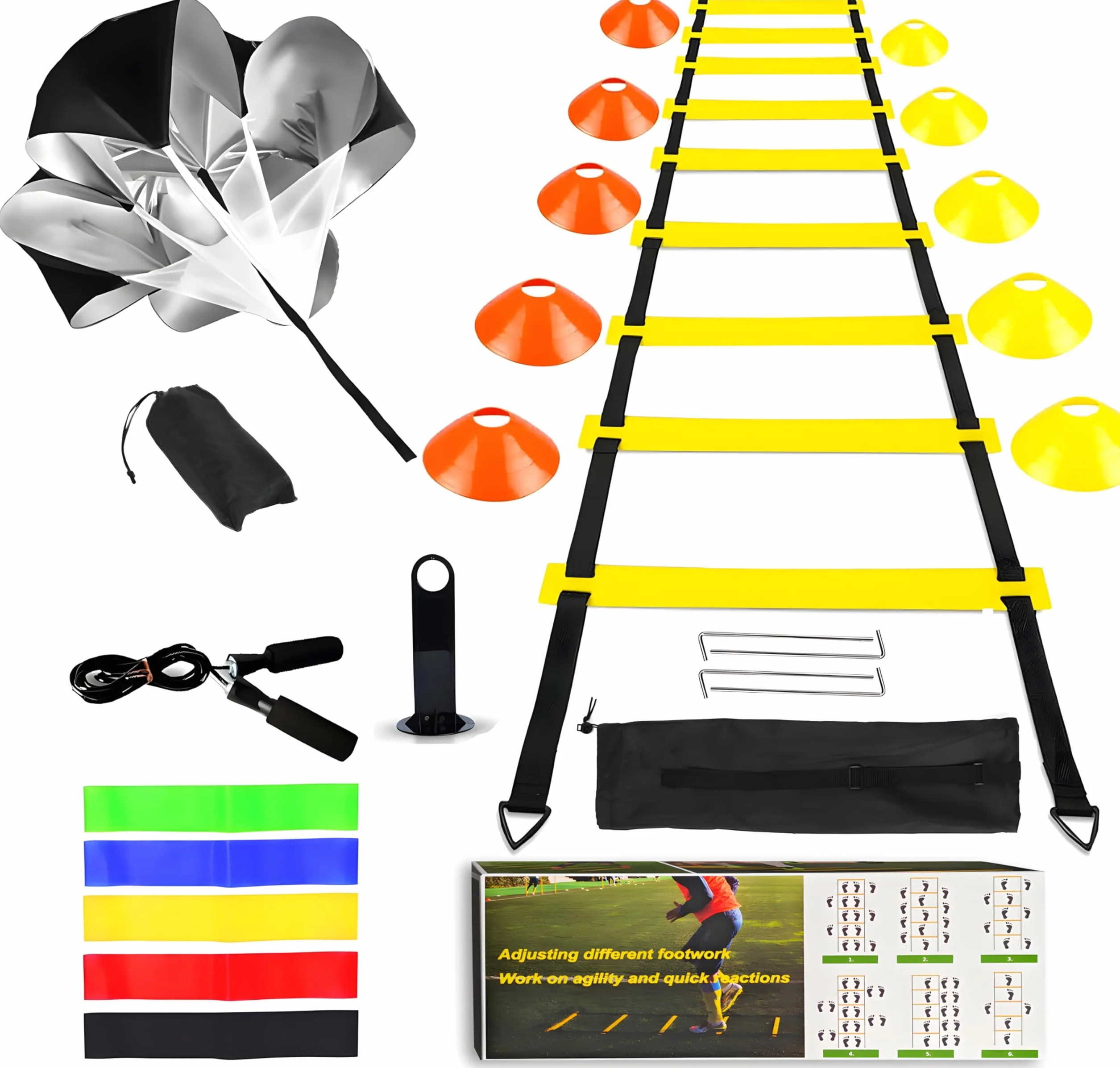 Kit Allenamento Calcio 6M con 4 Chiodo da Terra, 10 Cinesini, 5 Fasce di Resistenza, Corda per Saltare