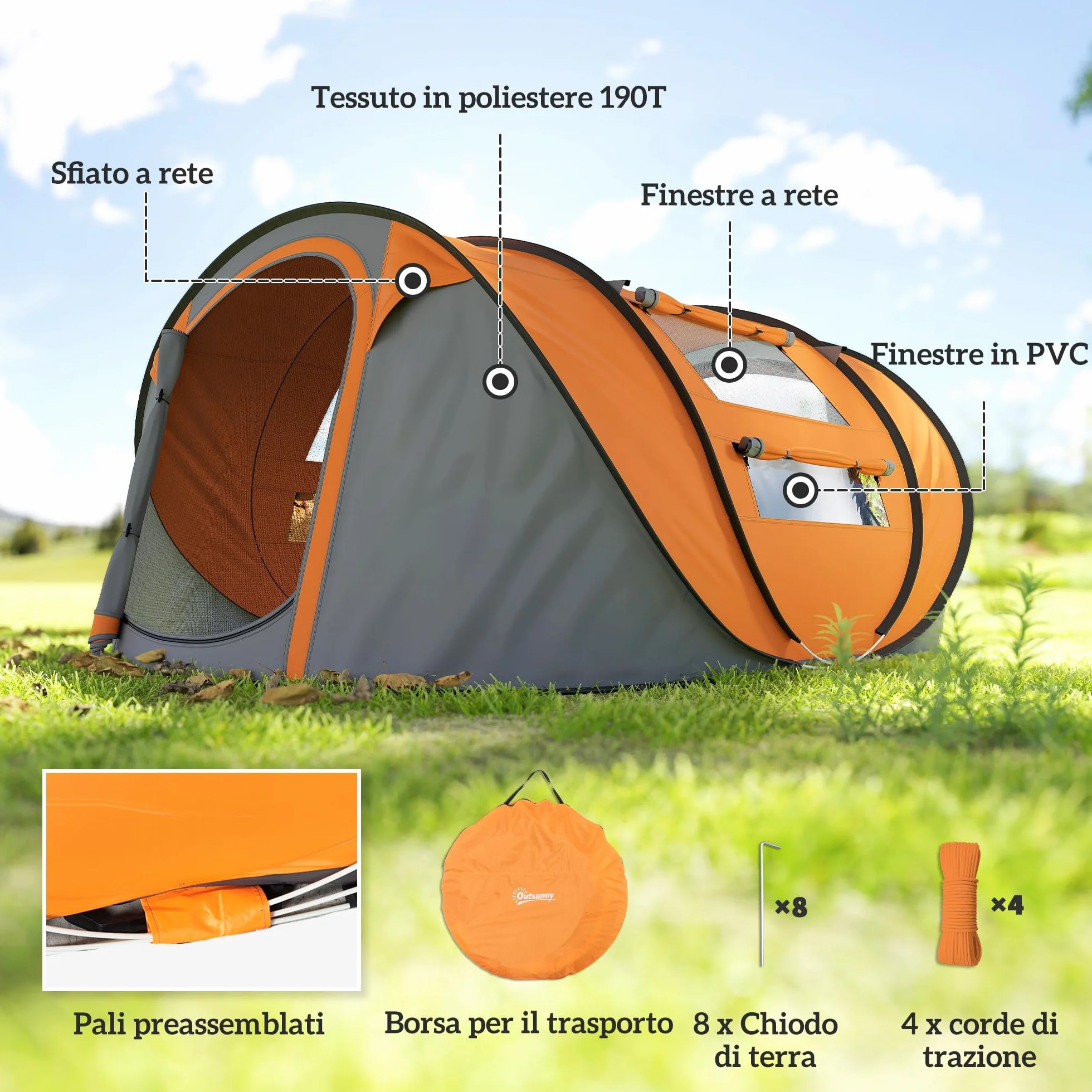 Outsunny Tenda da Campeggio Pop Up 4 Persone 2000mm Anti UV 20+ 263.5x220x123 cm Arancione