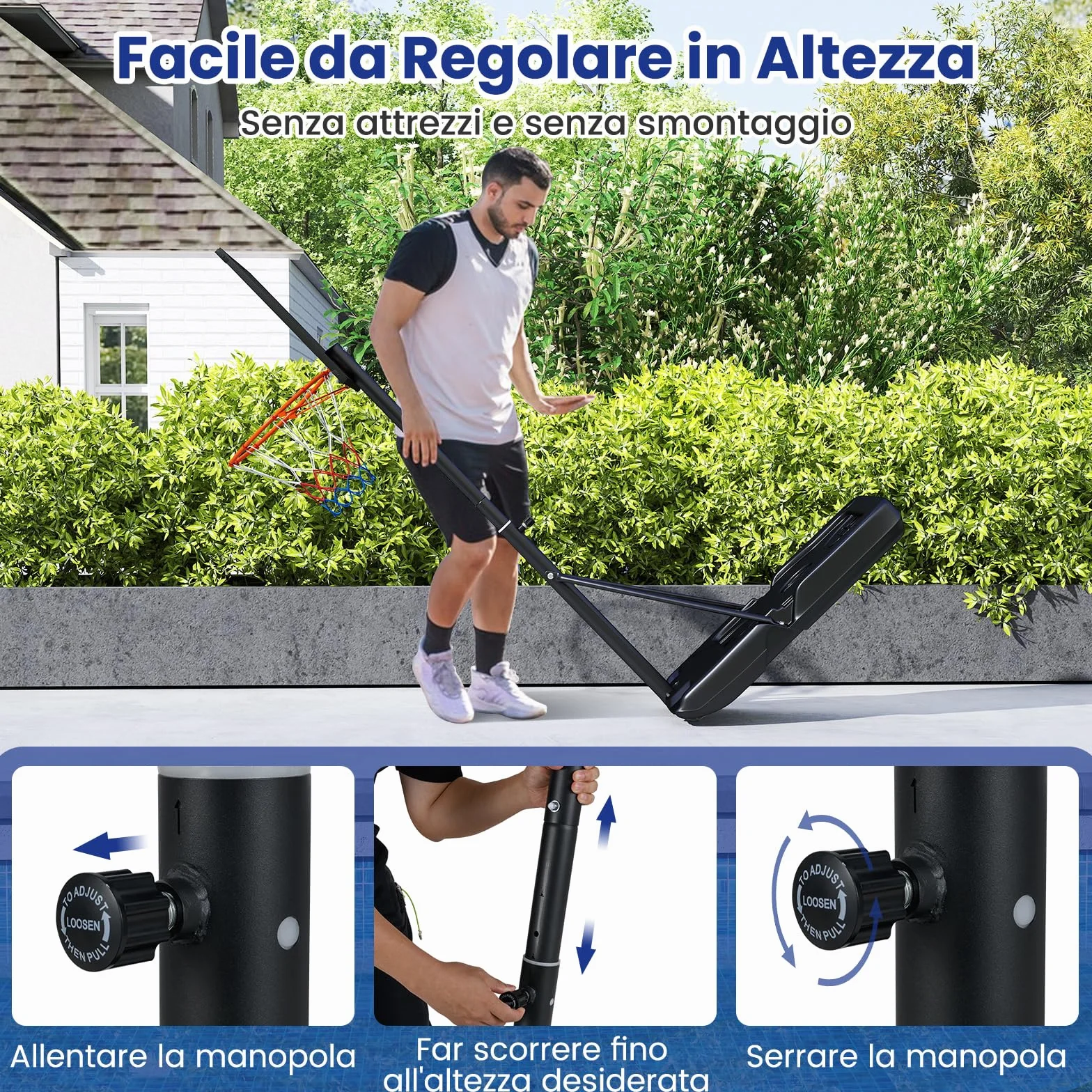 COSTWAY Canestro da Basket da Esterno Portatile Regolabile 1-3M Tabellone Antiurto con Ruote
