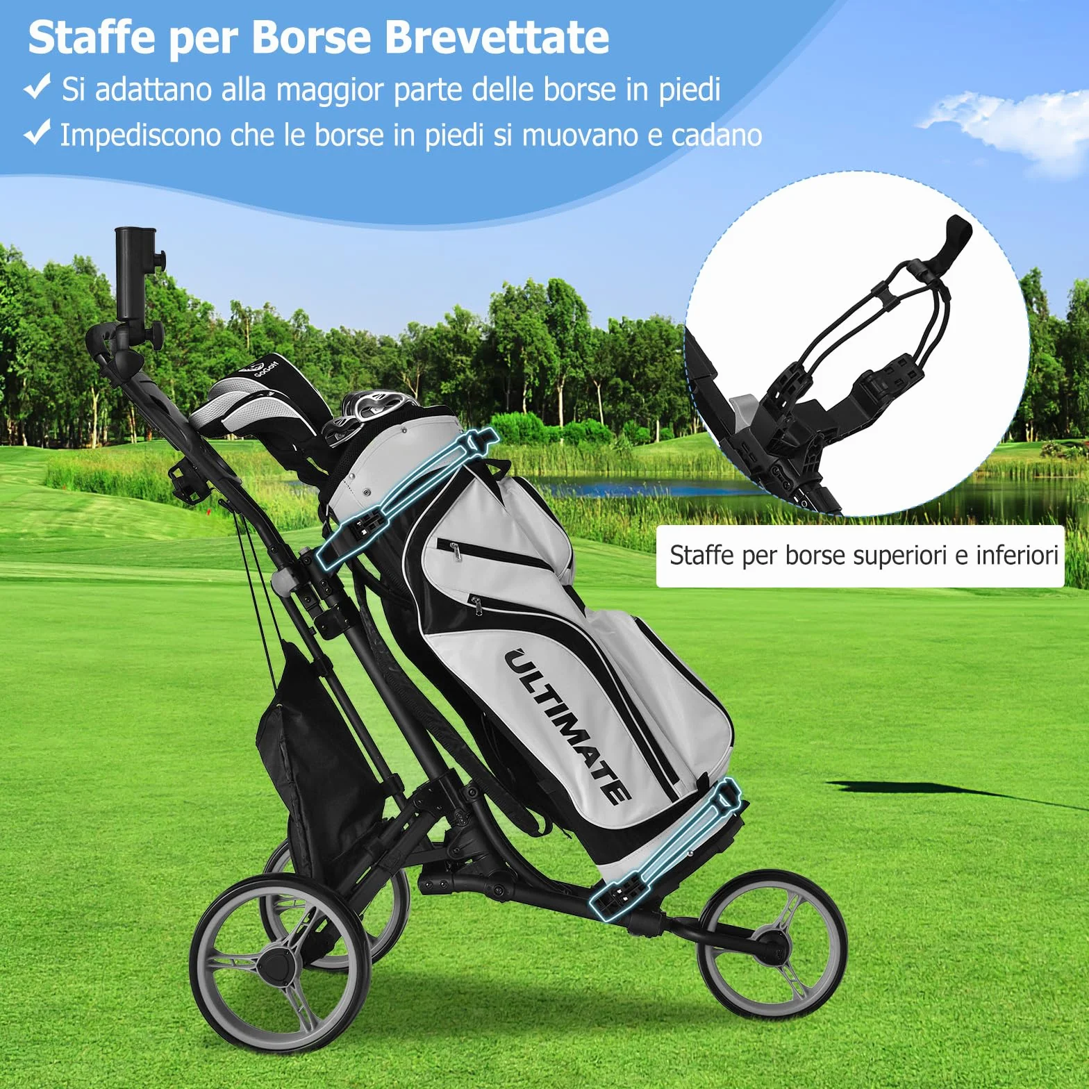 COSTWAY Pieghevole Carrello da Golf 3 Ruote Alluminio Cinghia Elastica Portaombrello Porta Bicchiere Segnapunti Freno a Pedale