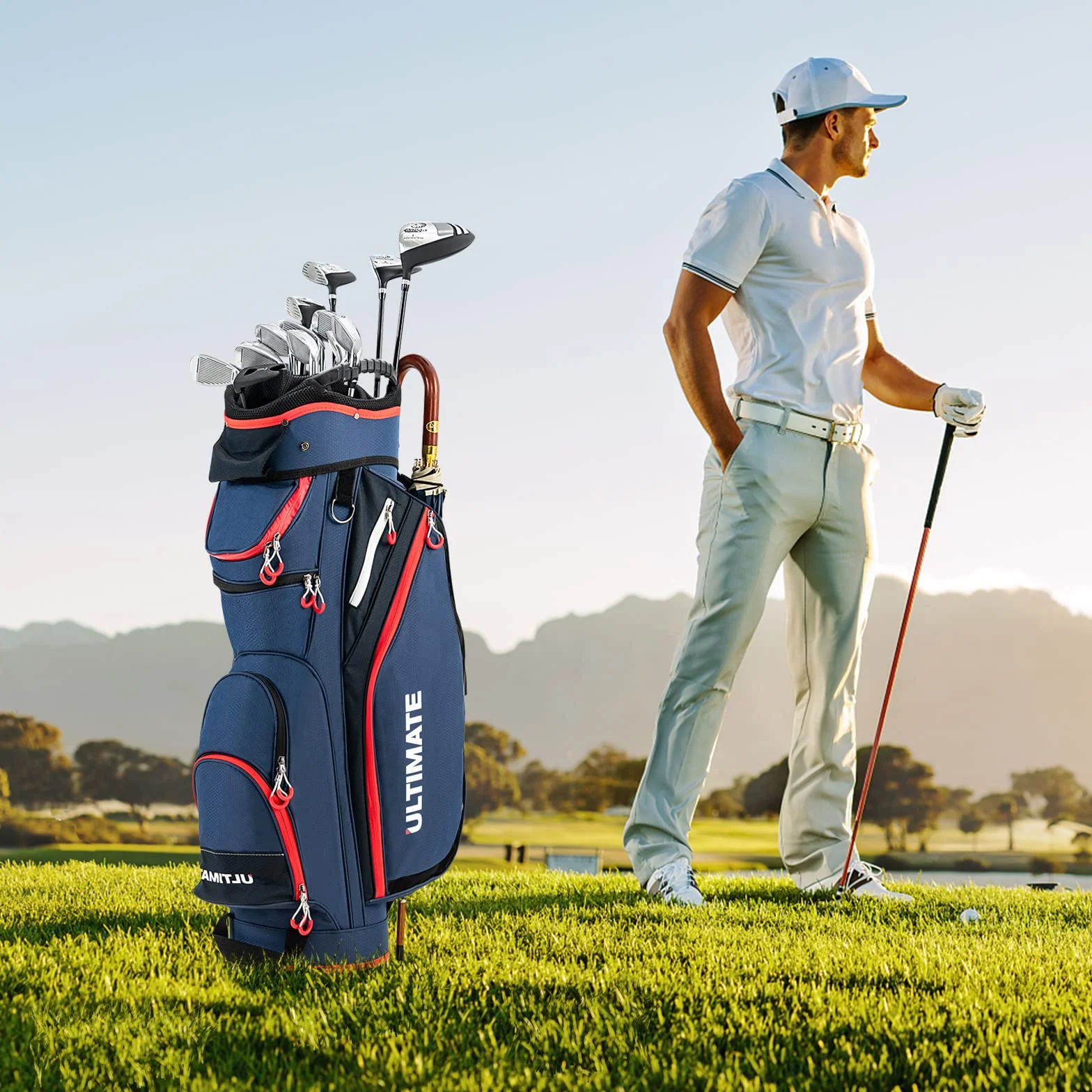COSTWAY Borsa da Golf Leggera Grande Capacità 14 Divisori 8 Tasche Cappuccio Antipioggia Tracolla Borsa Termica Blu