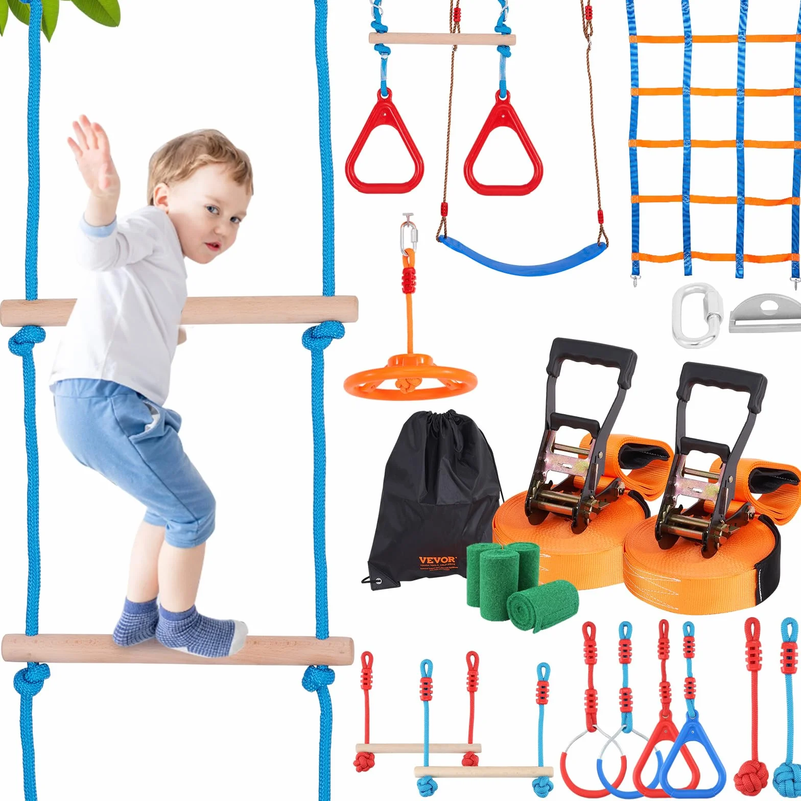 VEVOR Slackline da Arrampicata per Bambini, Kit Percorso a Ostacoli 2x18,29 m 226,8 kg 14 Ostacoli