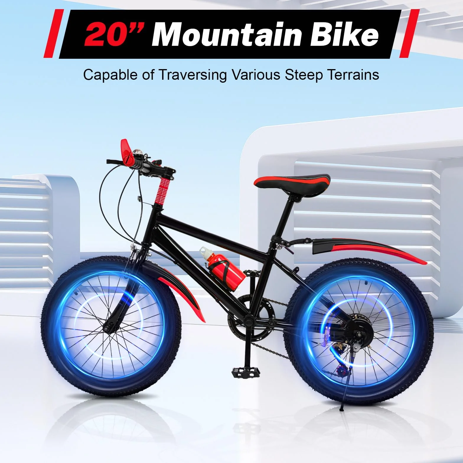 Mountain bike 20 pollici bambini telaio acciaio carbonio parafanghi doppio freno rossa campanello 85 kg