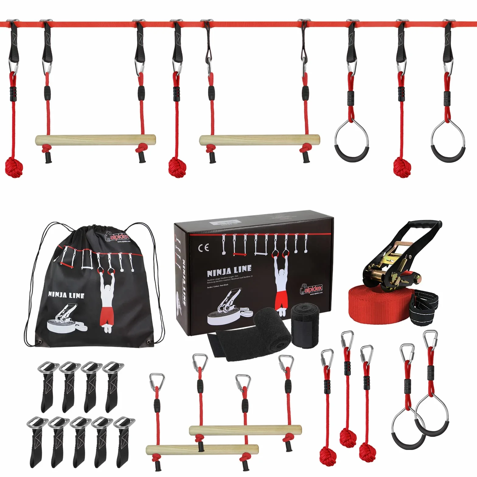 ALPIDEX Ninja Set 15 m Slackline Corda Percorso Sospeso Ostacoli