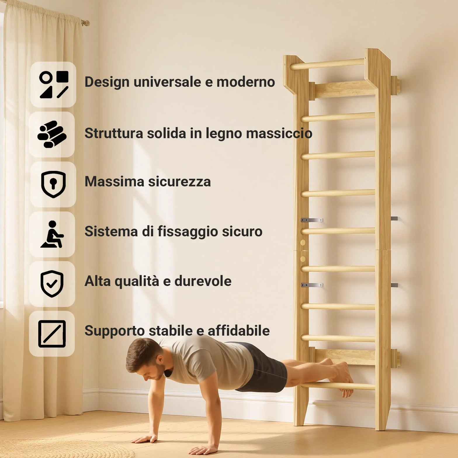 COSYLAND Spalliera Svedese in Legno da Parete 100 kg per Allenamento e Stretching