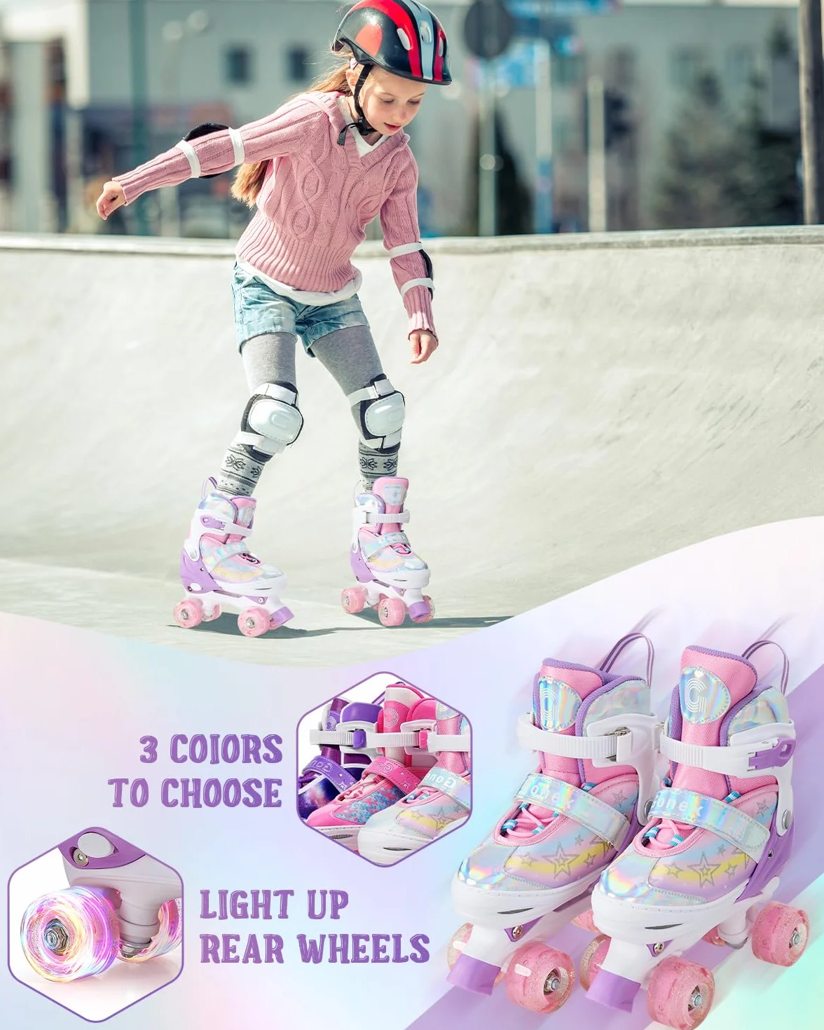 Gonex Pattini a Rotelle per Bambina Bambini Ragazzi Ragazze Principianti, Pattini Regolabili con 4 Ruote Illumina LED