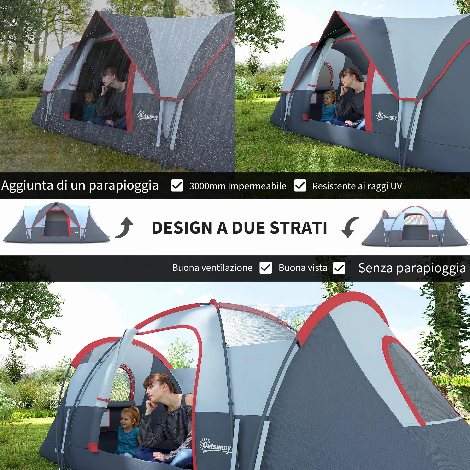 Outsunny Tenda da Campeggio 4-6 Posti Idrorepellente 3000mm Protezione UV, Tenda Famigliare Finestre Pali Fibra di Vetro 4.55x2.3x1.8 m