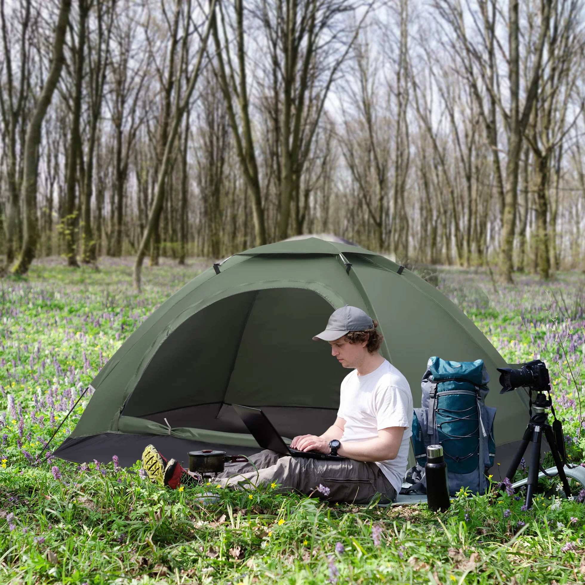 Outsunny Tenda da Campeggio 2 Posti a Igloo con Zanzariera e Sacca di Trasporto, Verde
