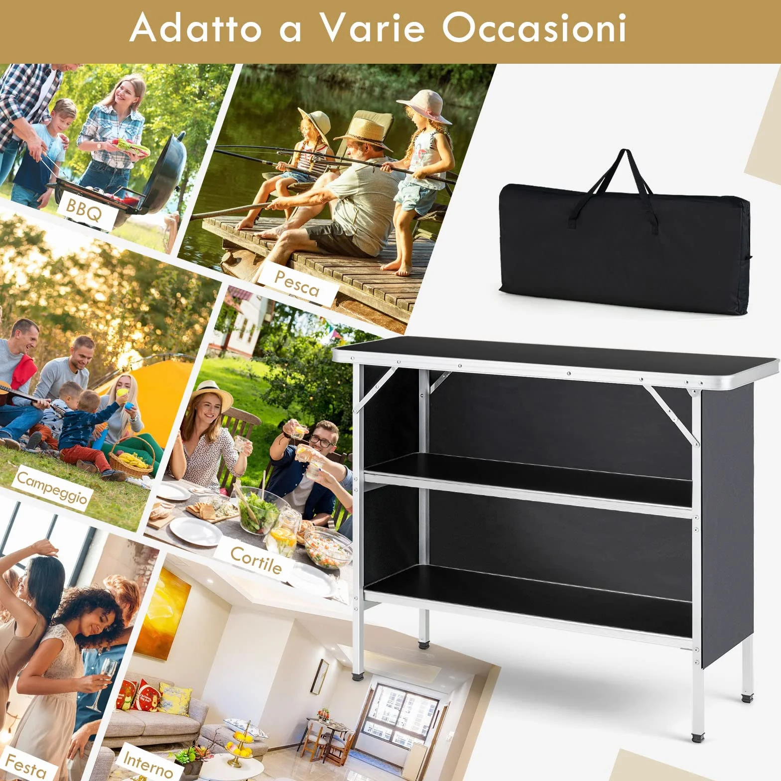 COSTWAY Cucina da Campeggio Pieghevole con Telaio in Alluminio 3 Ripiani Borsa Trasporto Nero