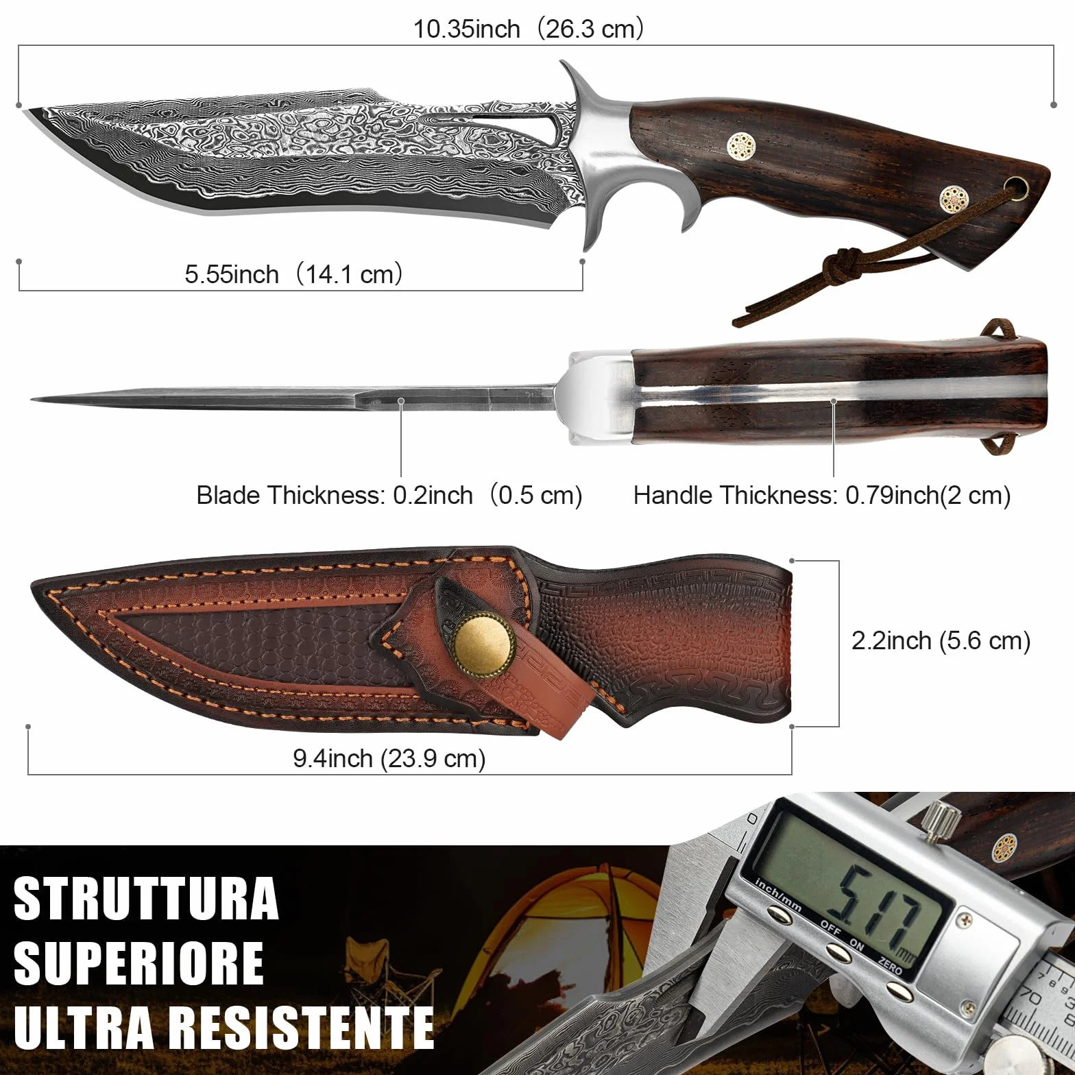 Coltello Outdoor in Acciaio Damasco 26,4 cm con Fodero, Lama Fissa Artigianale VG10, Manico in Legno, per Camping, Bushcraft e Attività all’Aperto