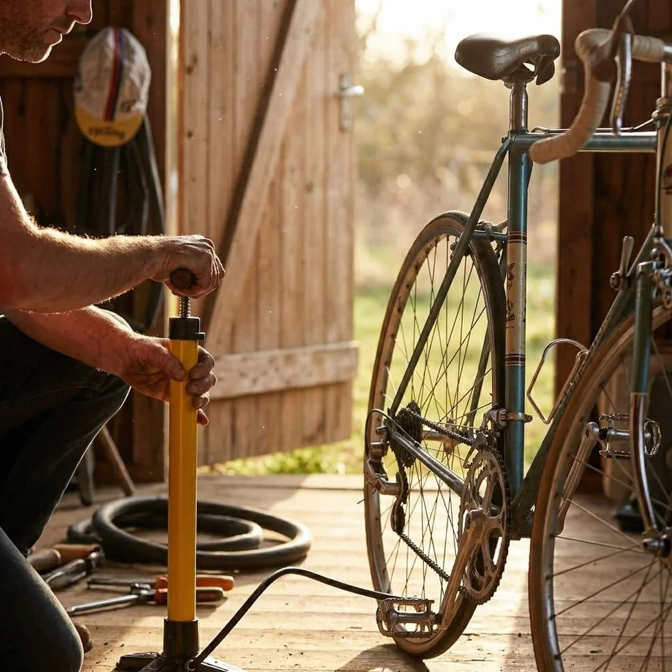 Pompa da Bici a Pavimento 3 Piedi con Raccordo in Ottone | Pompa Officina Tubolare in Metallo
