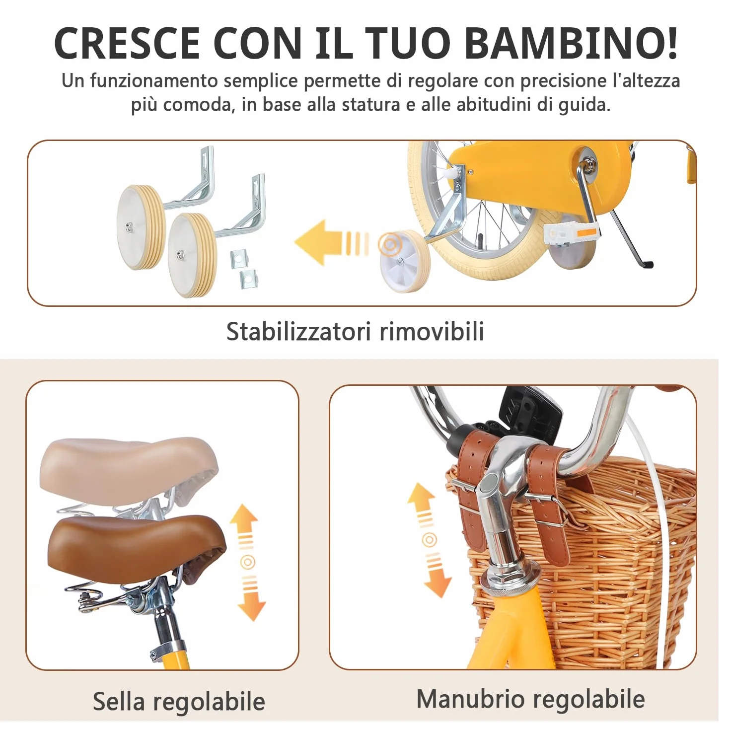 Bicicletta per bambine con cestino 12-20 pollici con campanello e stabilizzatori