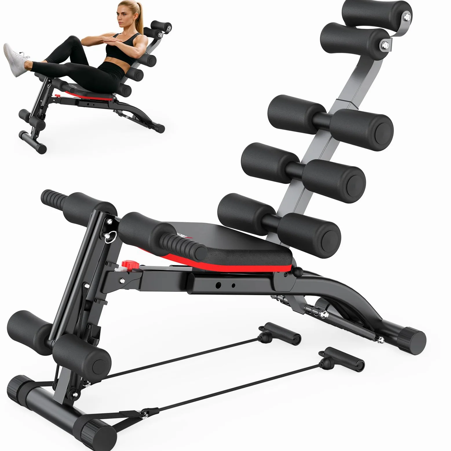 PASYOU Macchina Addominali con Fascette Resistive, Allenatore Addominale Pieghevole Regolabile, Panca Allenamento 135 KG per Palestra Domestica, Sedia Esercizi Corpo Completo