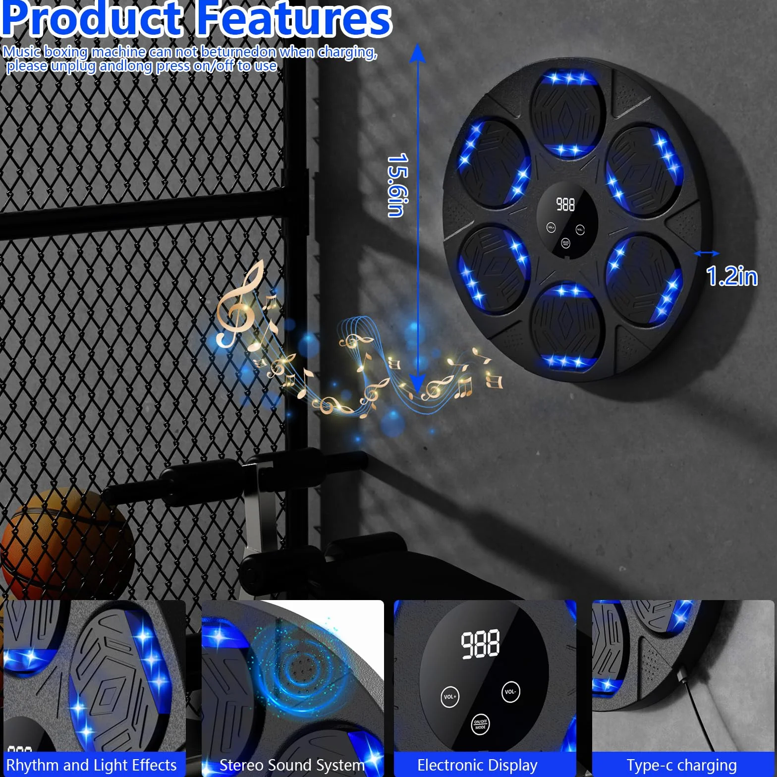 Music Boxing Machine, Intelligente Boxe Musicale da Parete con Guanti da Boxe, Macchina da Boxe Musicale, LED Box Musicale Pugile con Bluetooth, per Interno, Bambini/Adulti