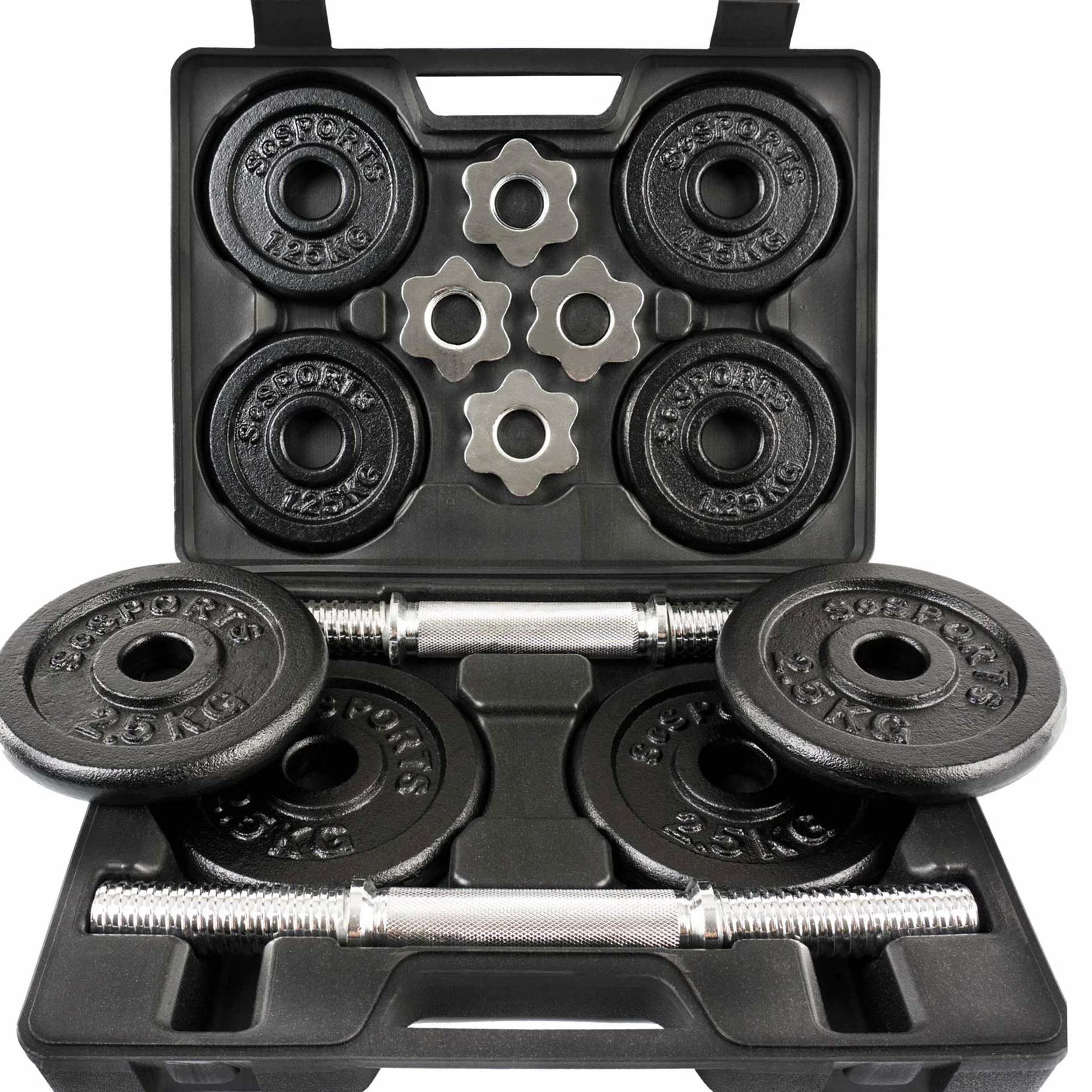 ScSPORTS® - Set di manubri Corti con Valigetta, 20 kg, 2 manubri da 30 mm e 8 Dischi (4 da 2,5 kg e 4 da 1,25 kg), manubri in Acciaio e Pesi in ghisa
