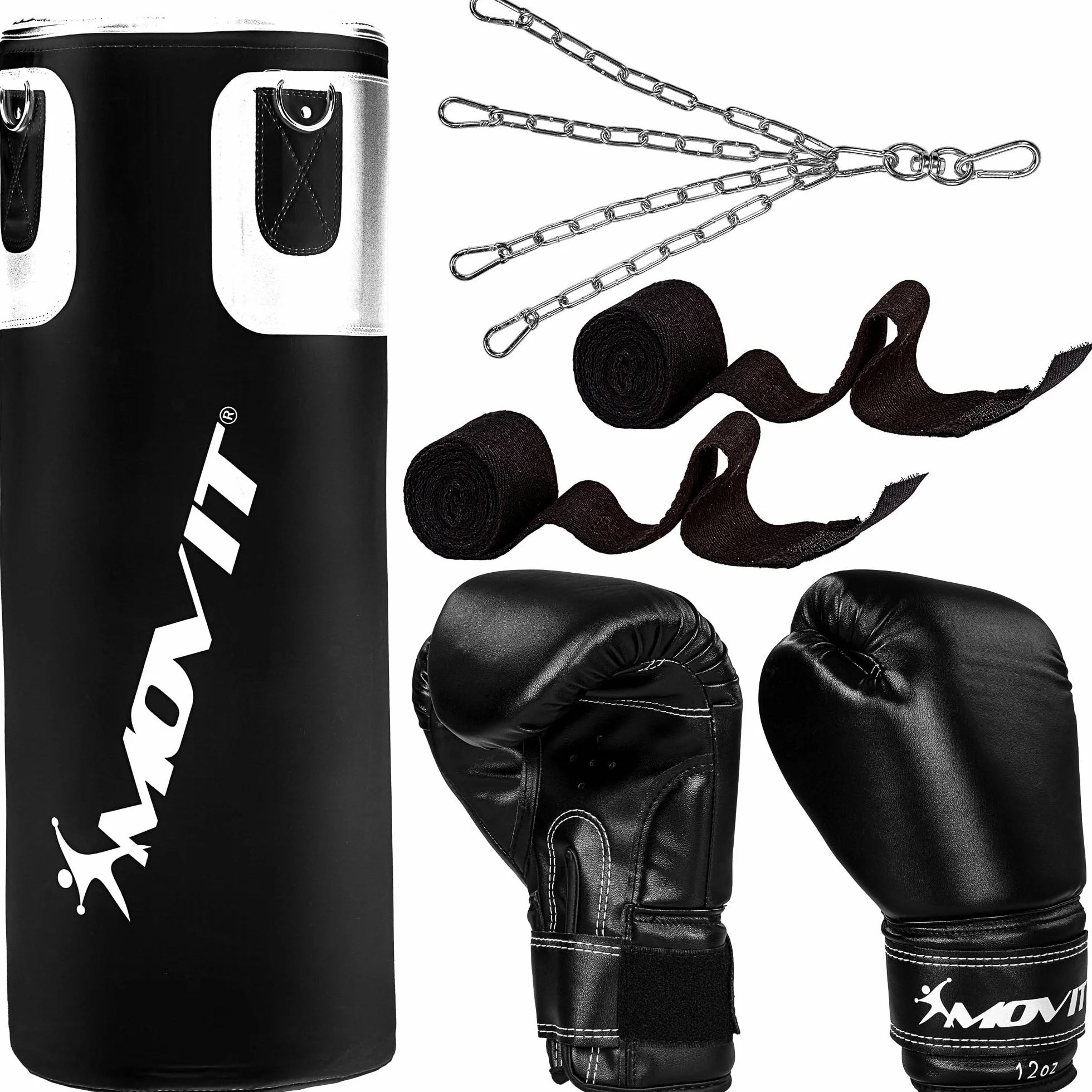 MOVIT Set Sacco da Boxe - 25kg, in PVC, Riempito, Altezza Sacco 80cm, Guantoni da Boxe, Bende, per Adulto, Nero o Bianco - Kit Pugilato, Allenamento Arti Marziali, Kick Boxing, MMA, Fitness