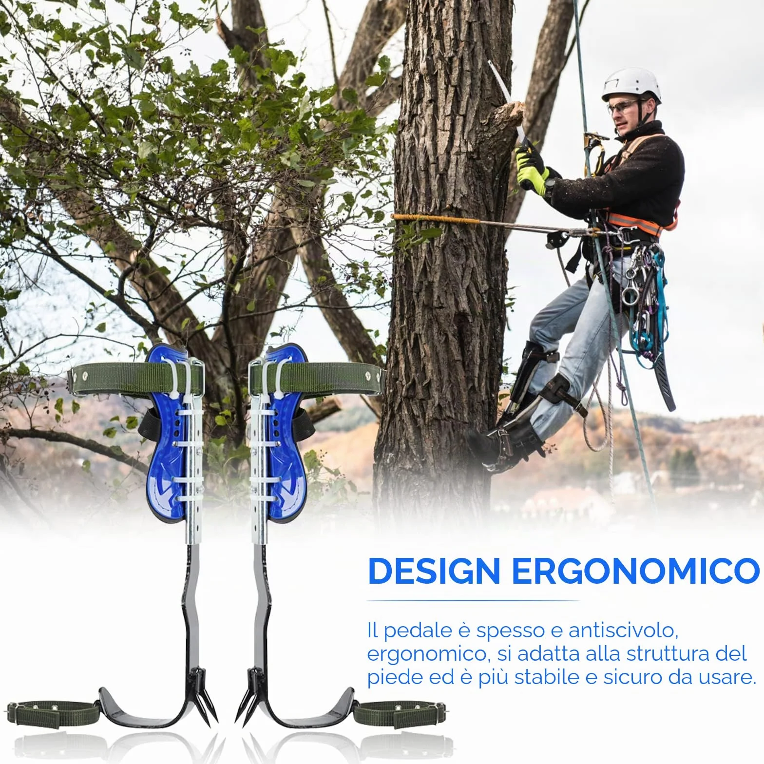 Set ramponi da arrampicata su alberi con imbracatura sicurezza 5 punti corpo