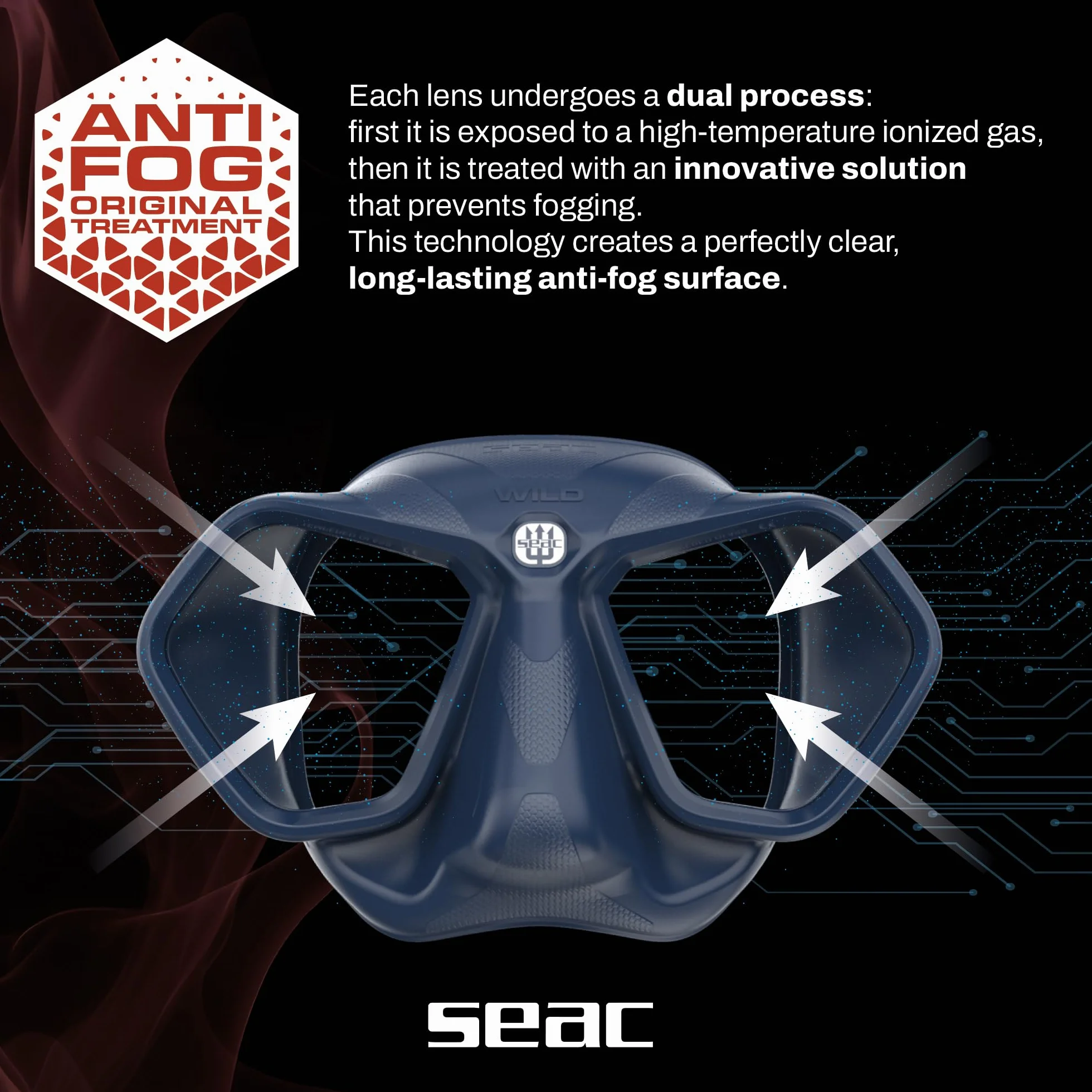 SEAC Wild Maschera Subacquea Antiappannamento Low Volume Silicone Apnea Pesca Doppia Lente Fibbia 3D