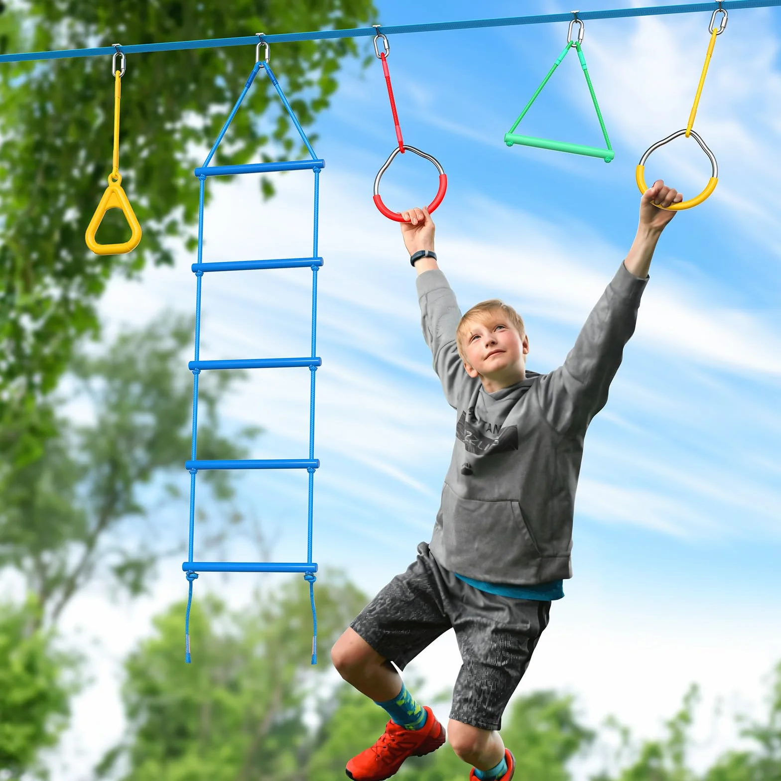Hapfan 2X50ft Slackline Linea per Bambini con Carrucola, Set di Ostacoli da Arrampicata con Pali, Scala, Anelli e Protezione per Alberi (Blu)