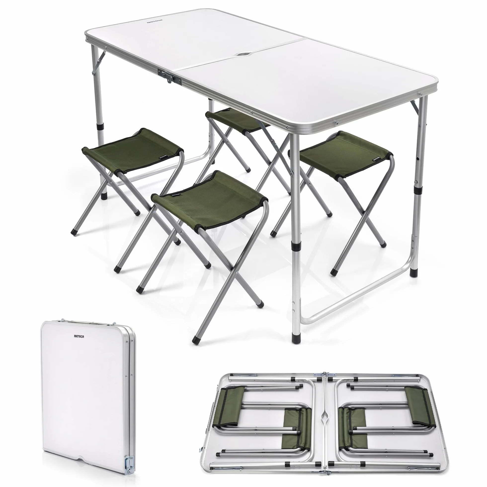 Meteor Tavolo e Sedie Pieghevoli Portatile Set con 4 Sgabelli per Campeggio Giardino Picnic